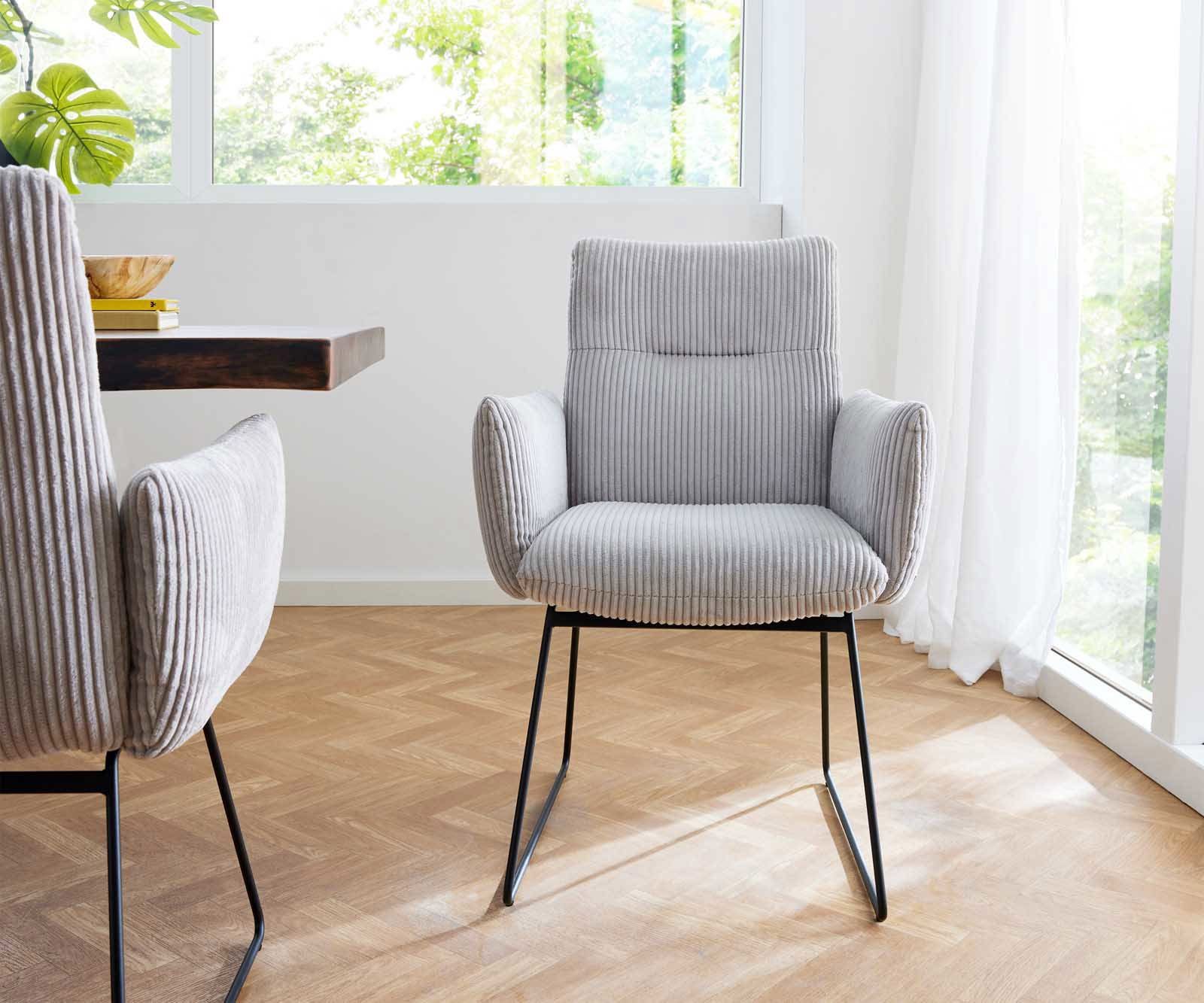 DELIFE Polsterstuhl Jova-Flex, mit Armlehnen Kufengestell Schwarz Cord Silbergrau Taschenfederkern