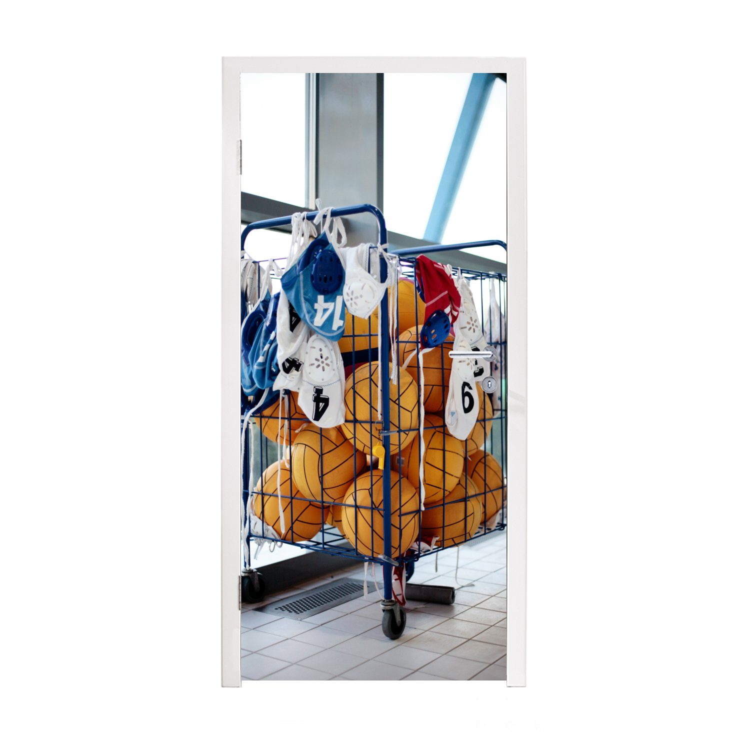 MuchoWow Türtapete Mülleimer mit Wasserballausrüstung, Matt, bedruckt, (1 St), Fototapete für Tür, Türaufkleber, 75x205 cm