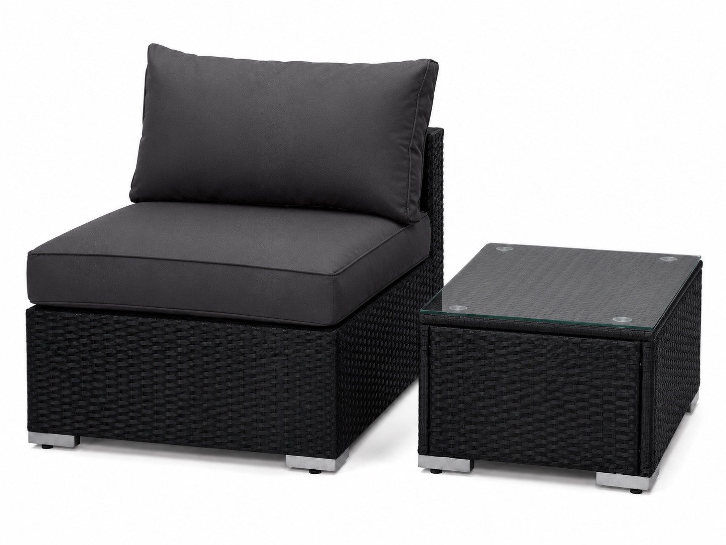 MeXo Gartenlounge-Set Balkonmöbel Set Modulsofa, (Loungesessel Outdoor, Gartenmöbel Set Klein mit 1 Tisch und 1 Sofa), 10 cm Kissen, wetterfest
