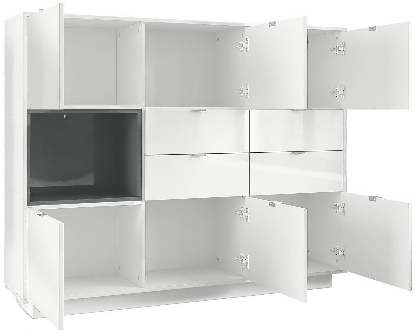 Vladon Highboard Metro V2 (Highboard, mit 6 Türen, 4 Schubladen und 1 offenem Fach), Bordeaux Hochglanz (153 x 123 x 37 cm)