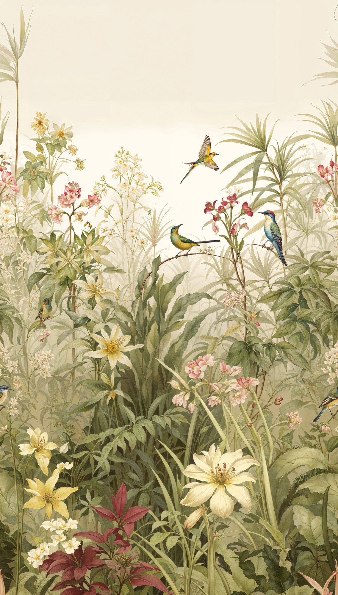 living walls Fototapete The Wall 4 Flowers – Vögel und Wildpflanzen Vlies-Fototapete, leicht strukturiert, floral, matt, botanisch, (1 St), Vögel und Wildpflanzen – natürlicher Tiefenwirkung