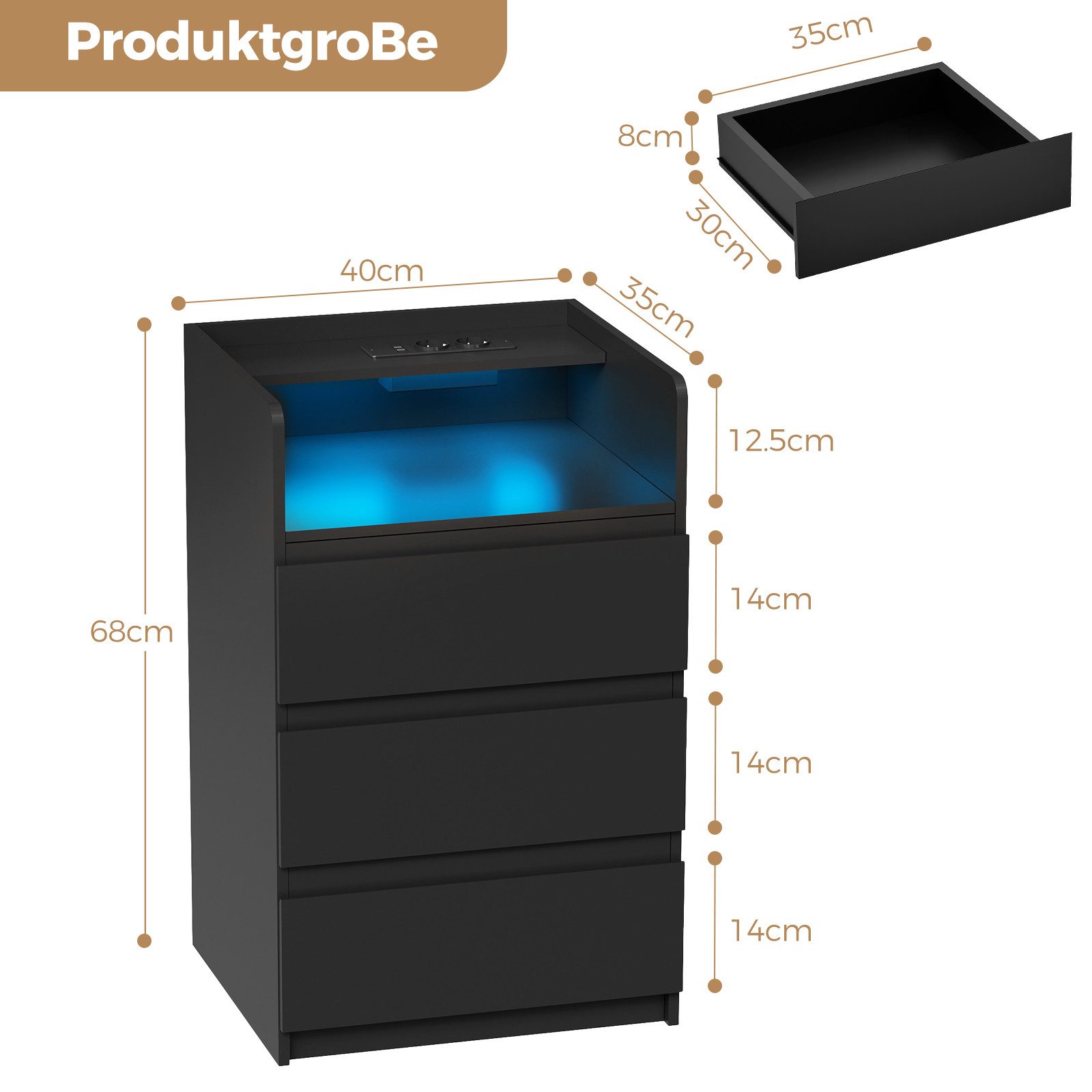 BEWISHOME Nachttisch mit LED-Beleuchtung, Steckdosen & USB-Anschlüssen, 40x35x68cm (1-St), Moderner Schlafzimmerschrank mit Stauraum