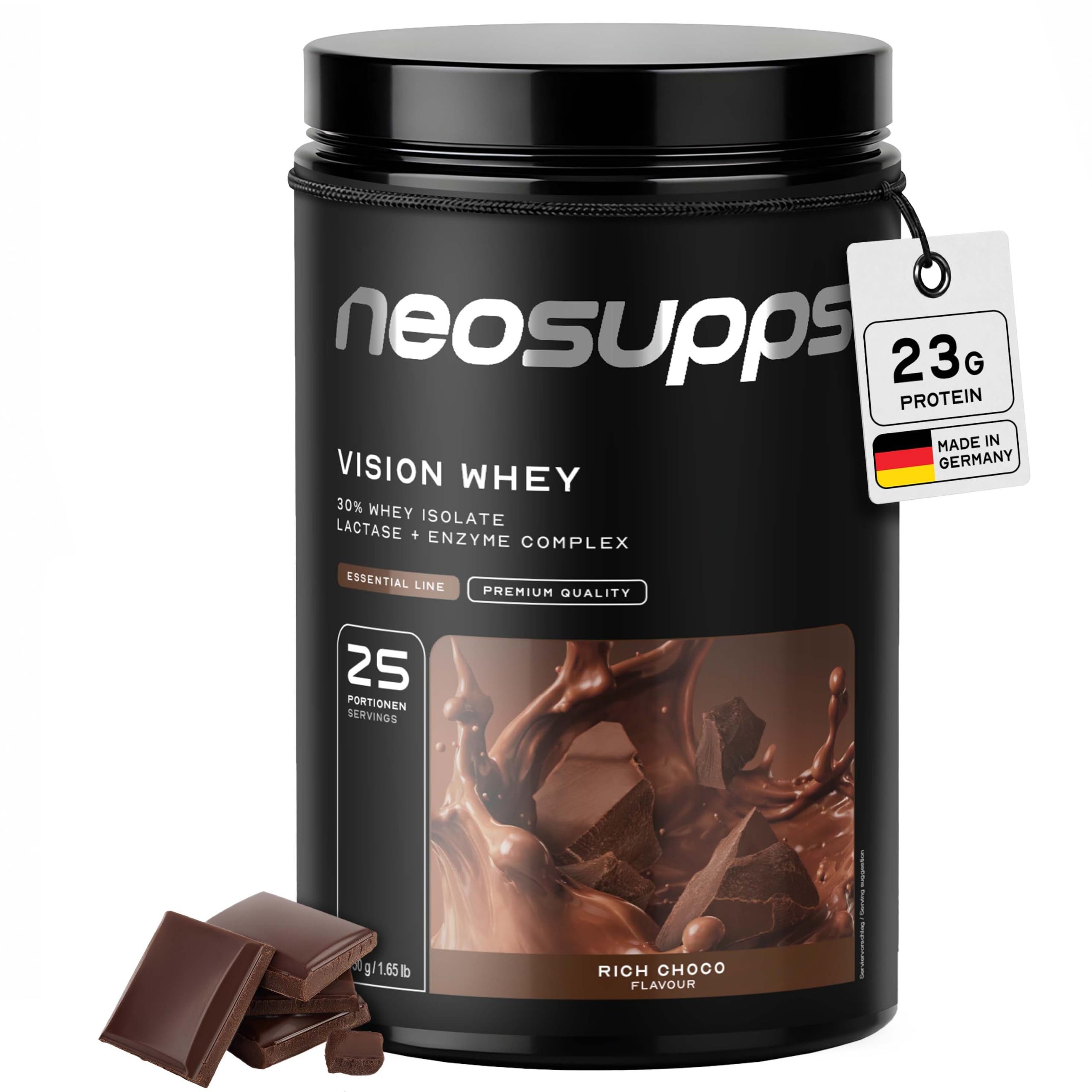 Neosupps Whey Protein Pulver Rich Choco 750g, Proteinpulver, Proteinshake Pulver, 750 g, Protein zum Muskelaufbau mit geprüfter Qualität, Made in Germany