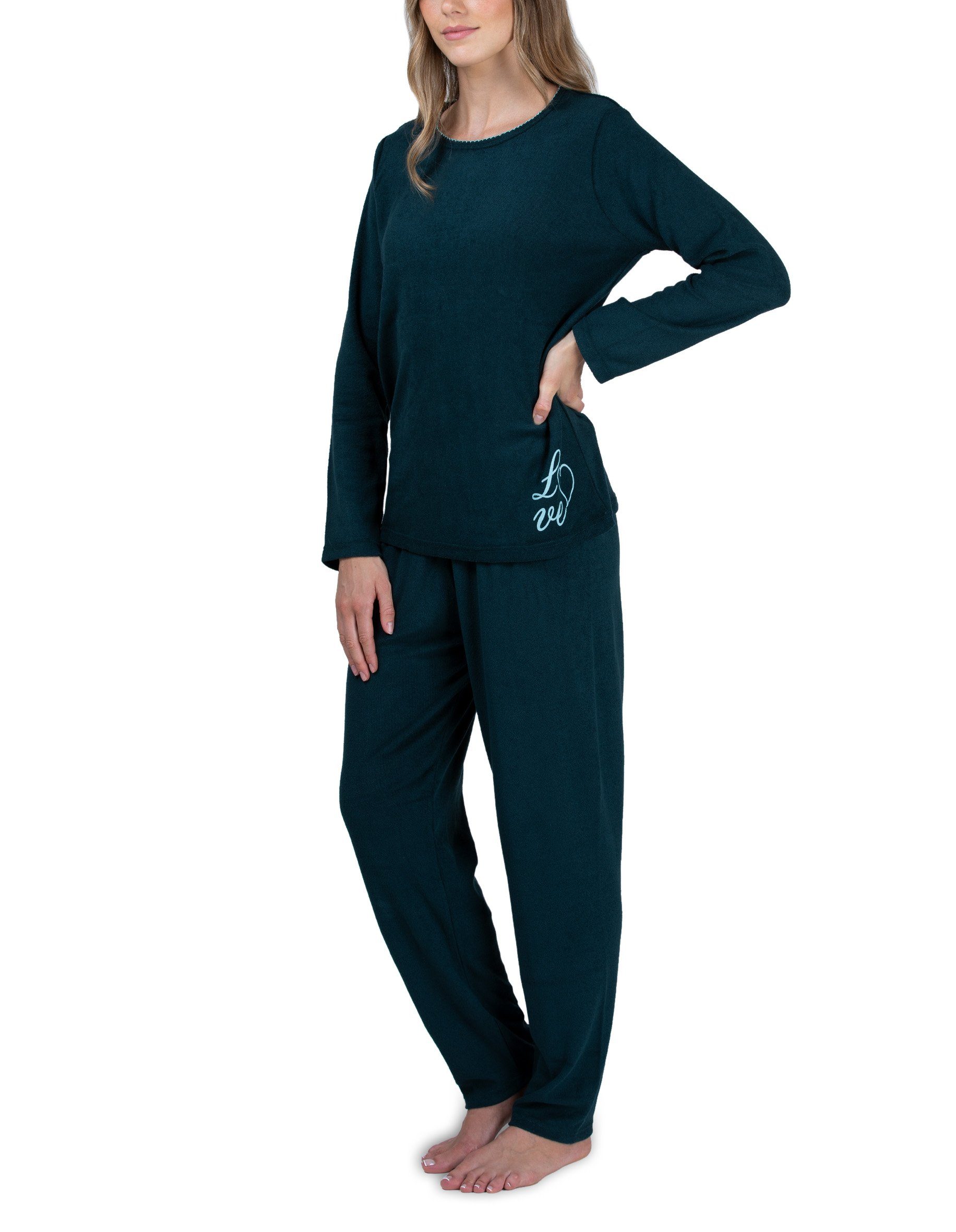 Moonline Pyjama Damen Frottee-Schlafanzug mit Motivdruck