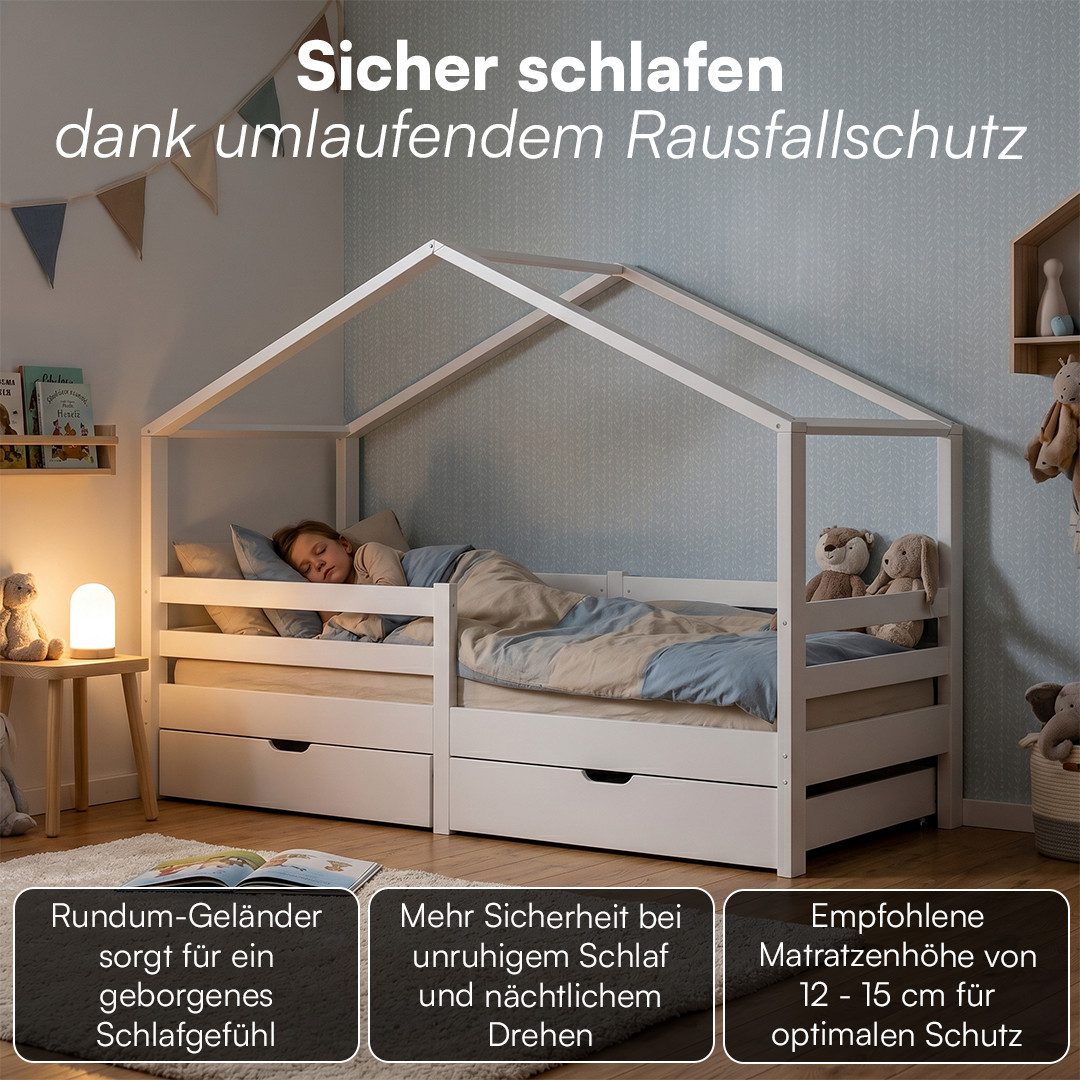 Bellabino Hausbett Abia Kinderbett mit Lattenrost und Rausfallschutz (weiß, mit zwei Schubladen), Kinderbett 90x200 cm, verfügbar in verschiedenen Ausführungen