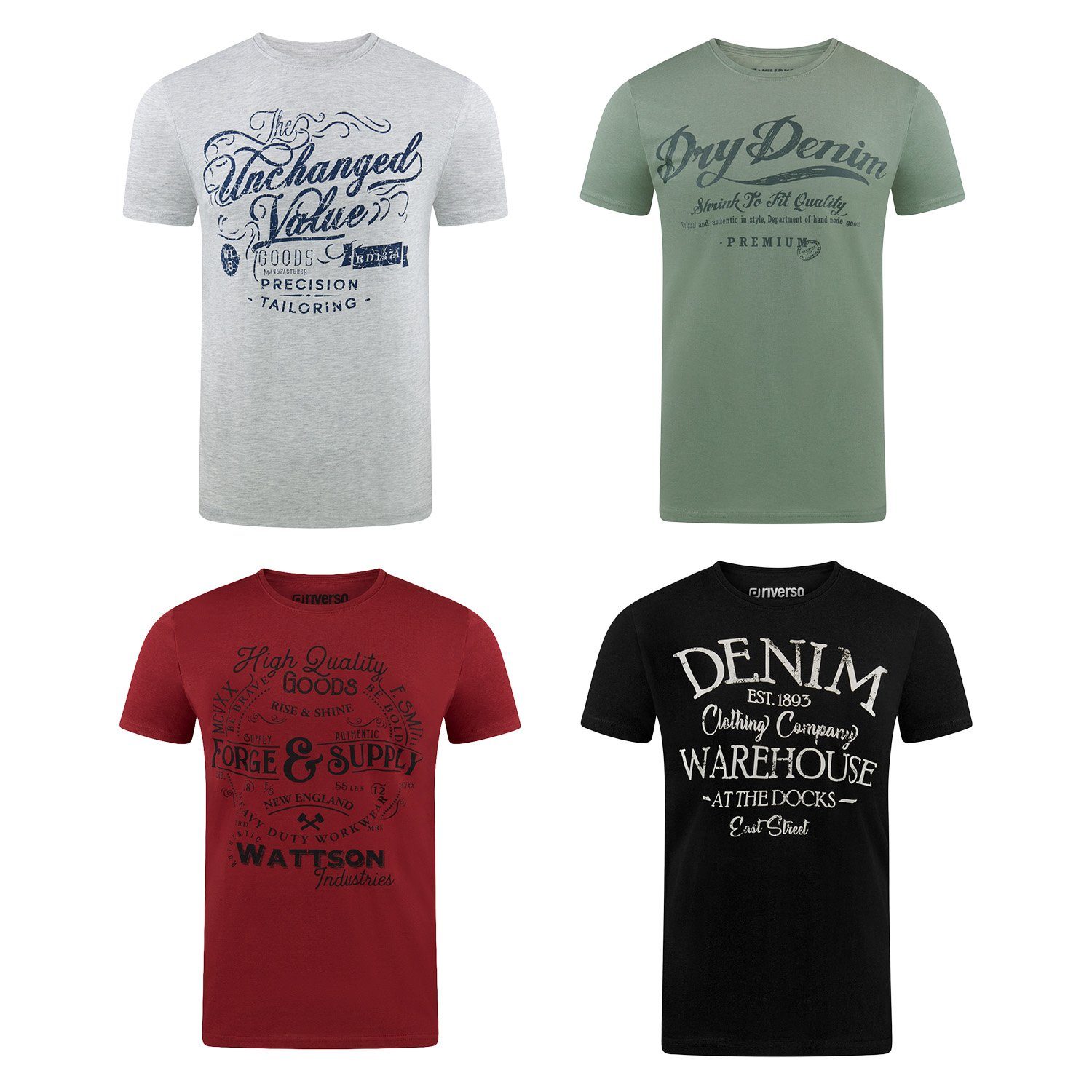 riverso T-Shirt Printshirt RIVLeon Shirt 100% aus Farbmix mit (4-tlg) 31 Kurzarm Rundhalsausschnitt Tee Baumwolle Fit Herren Regular