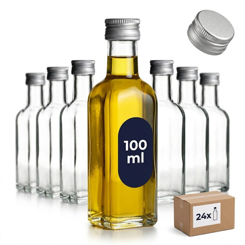 gouveo Trinkflasche Glasflaschen 100 ml Maraska mit Schraub-Deckel - Kleine Flasche 0,1l, 24er Set, transparent-silberfarben