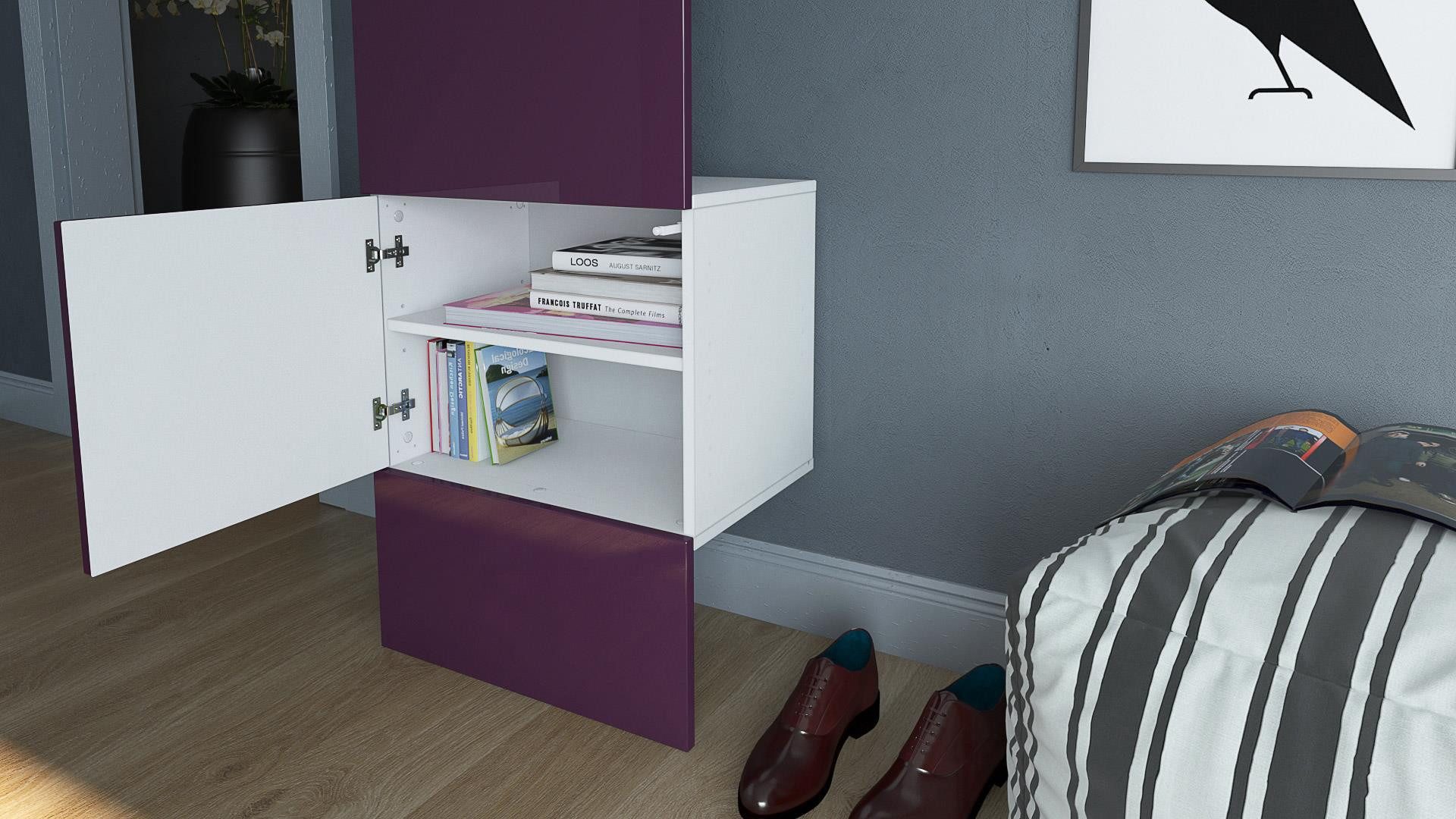 Vladon Garderoben-Set Carlton Set 5, (Wandgarderobe bestehend aus, mit integrierter Tür und 1 Kleiderstange), Weiß matt/Brombeer Hochglanz (52 x 193 x 35 cm)