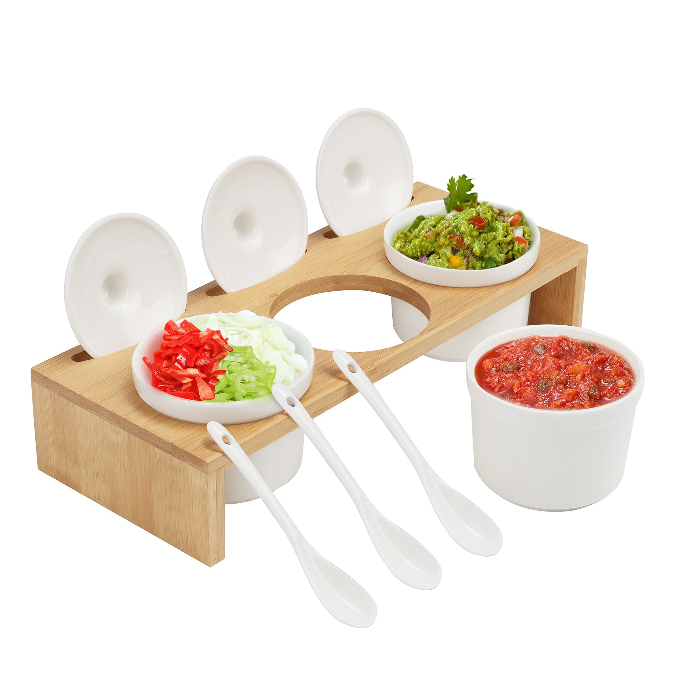 Belle Vous Aufbewahrungsdose Porzellan Schälchen Set - 3 Schalen mit Bambusständer, Porzellan Schälchen Set mit Bambusständer