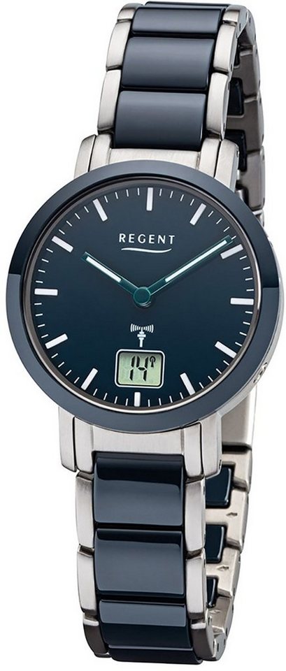 Regent Funkuhr Regent Damen Uhr FR-265 Metall Funk, Damen Funkuhr rund,  klein (ca. 30mm), Metallarmband, mit digitalem Datum und Sekundenanzeige