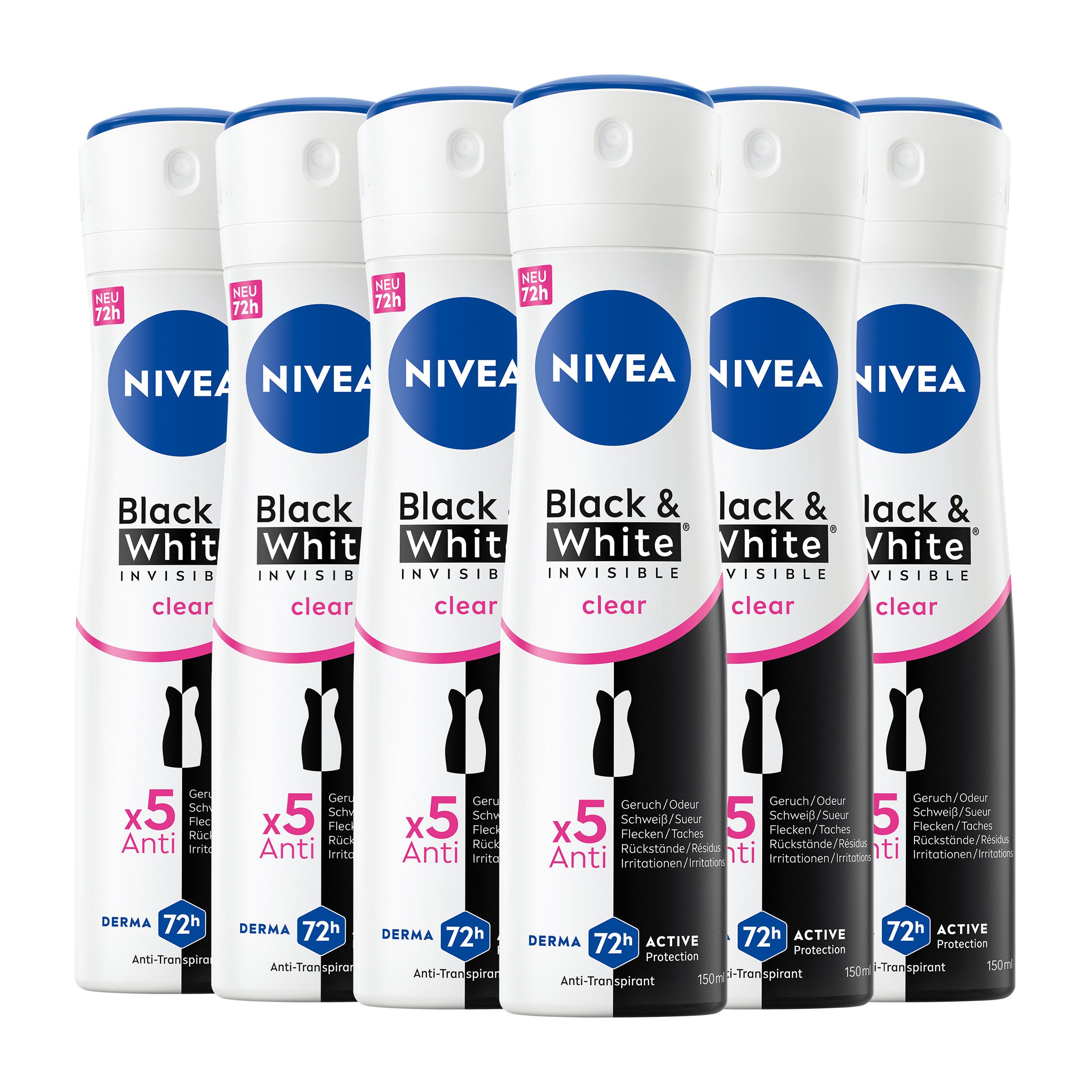 Nivea Deo-Spray Deodorant Black & White Invisible Clear 72H Aktiv-Schutz 6 x 150ml, Packung, 6-tlg., x5 Anti: Geruch, Schweiß, Flecken, Rückstände, Irritation