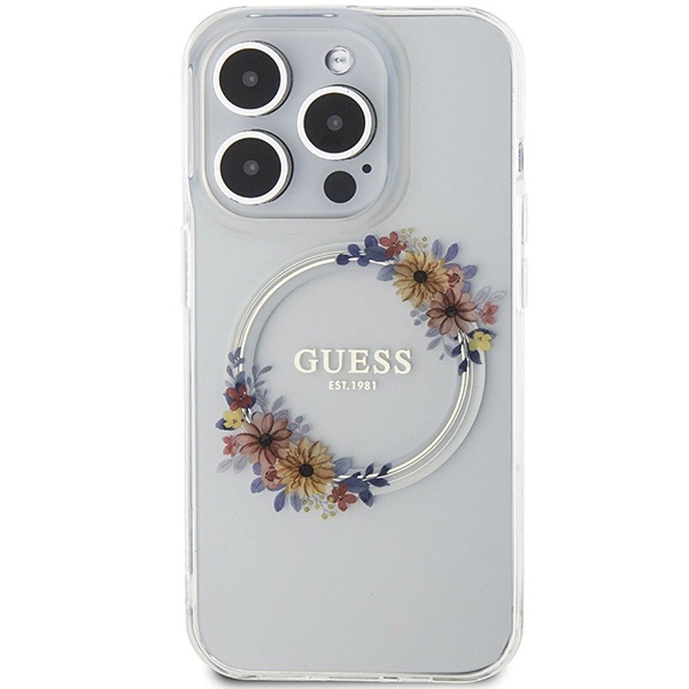 Guess Handyhülle Schutzhülle Blumenkranz Handyschale 6,7 Zoll, MagSafe, Blumenkranz-Motiv, erhöhte Schutzkanten