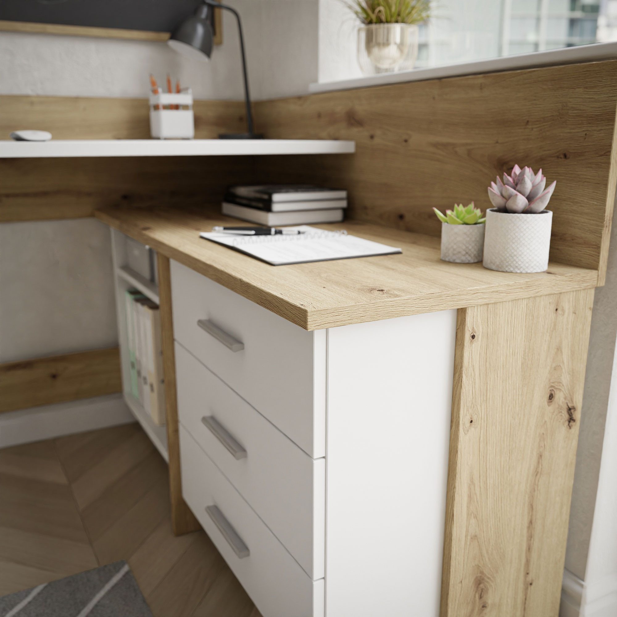 Lookway Eckschreibtisch ECKE – geräumig, stabil und stilvoll in Artisan-Eiche, 130x110x82x57 cm
