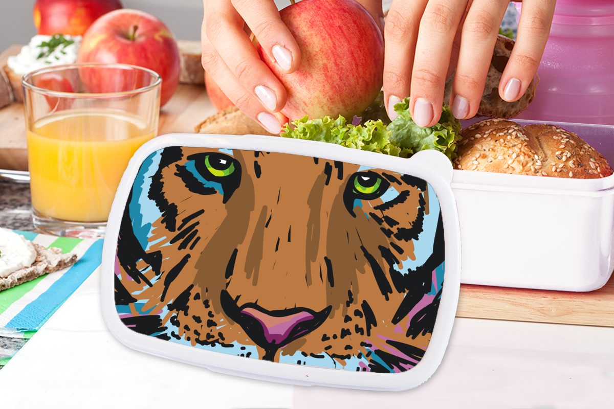 Mädchen Kopf Tiger Brotdose, Erwachsene, - Jungs Lunchbox Kunststoff, (2-tlg), Gemälde, Brotbox und MuchoWow für und Kinder - weiß für