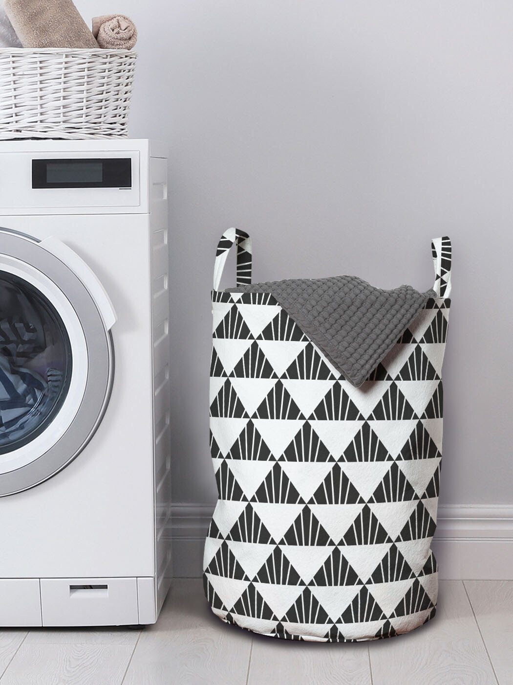 Abakuhaus Wäschesäckchen Wäschekorb mit Griffen für Waschsalons, Abstrakt Art Deco Motiv Triangles Kordelzugverschluss