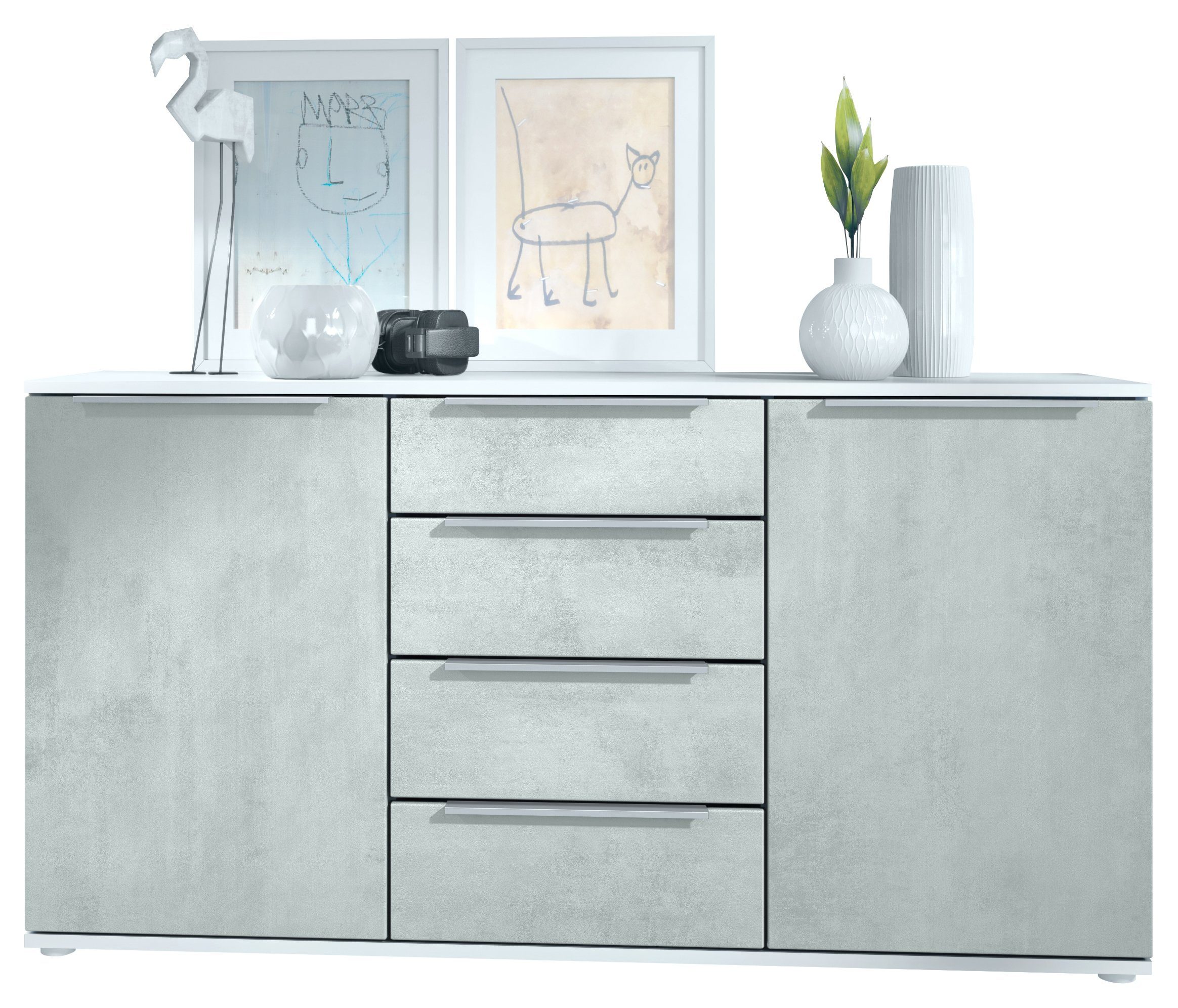 Vladon Sideboard Linio (Anrichte, mit 2 Türen und 4 Schubladen), Weiß matt/Beton Oxid Optik (139 x 72,5 x 35 cm)