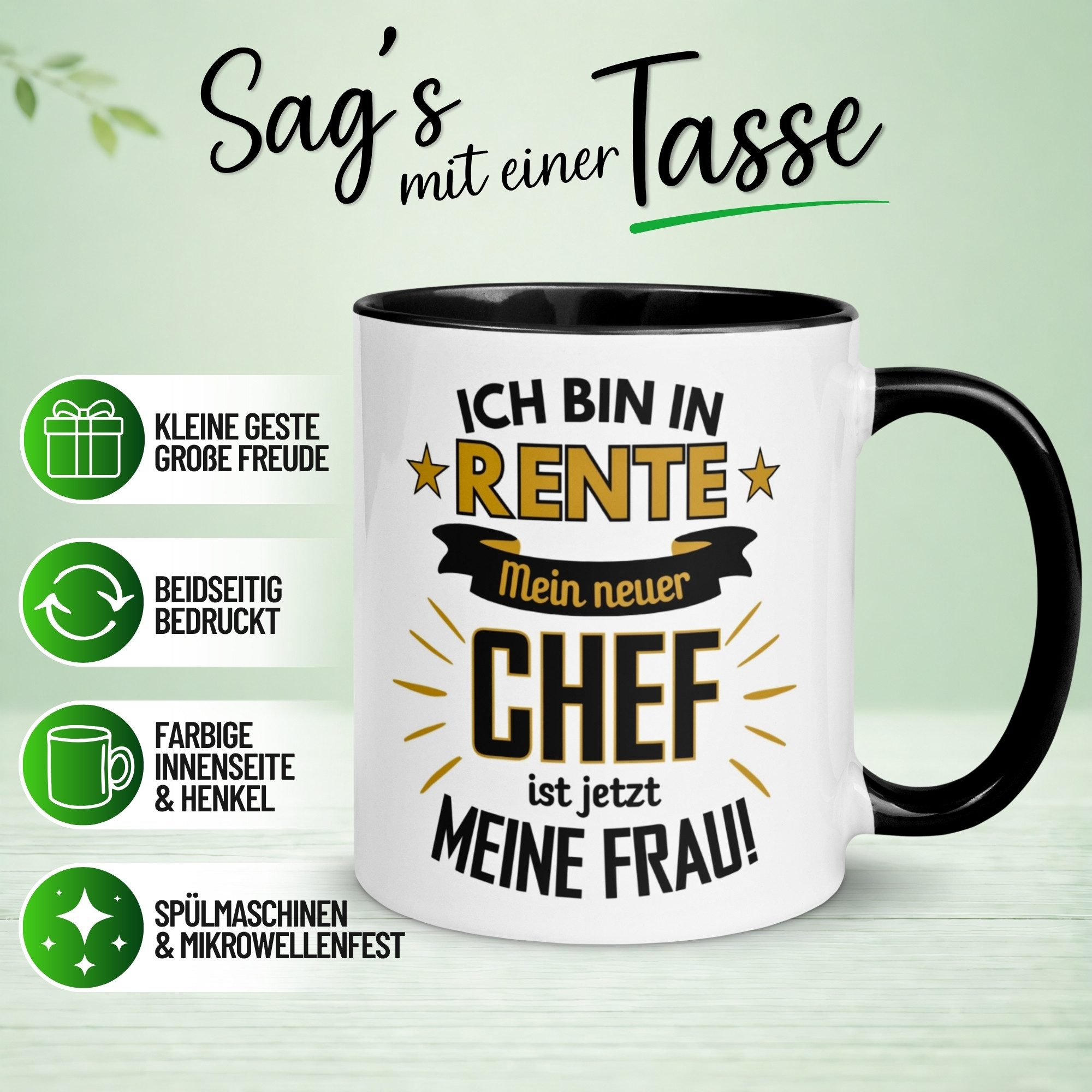 Momentals Tasse Rentner – „Mein neuer Chef ist jetzt meine Frau“ – Geschenk Rente Mann, Gratis Versand · Links-&Rechtshänder · Spülmaschinenfest