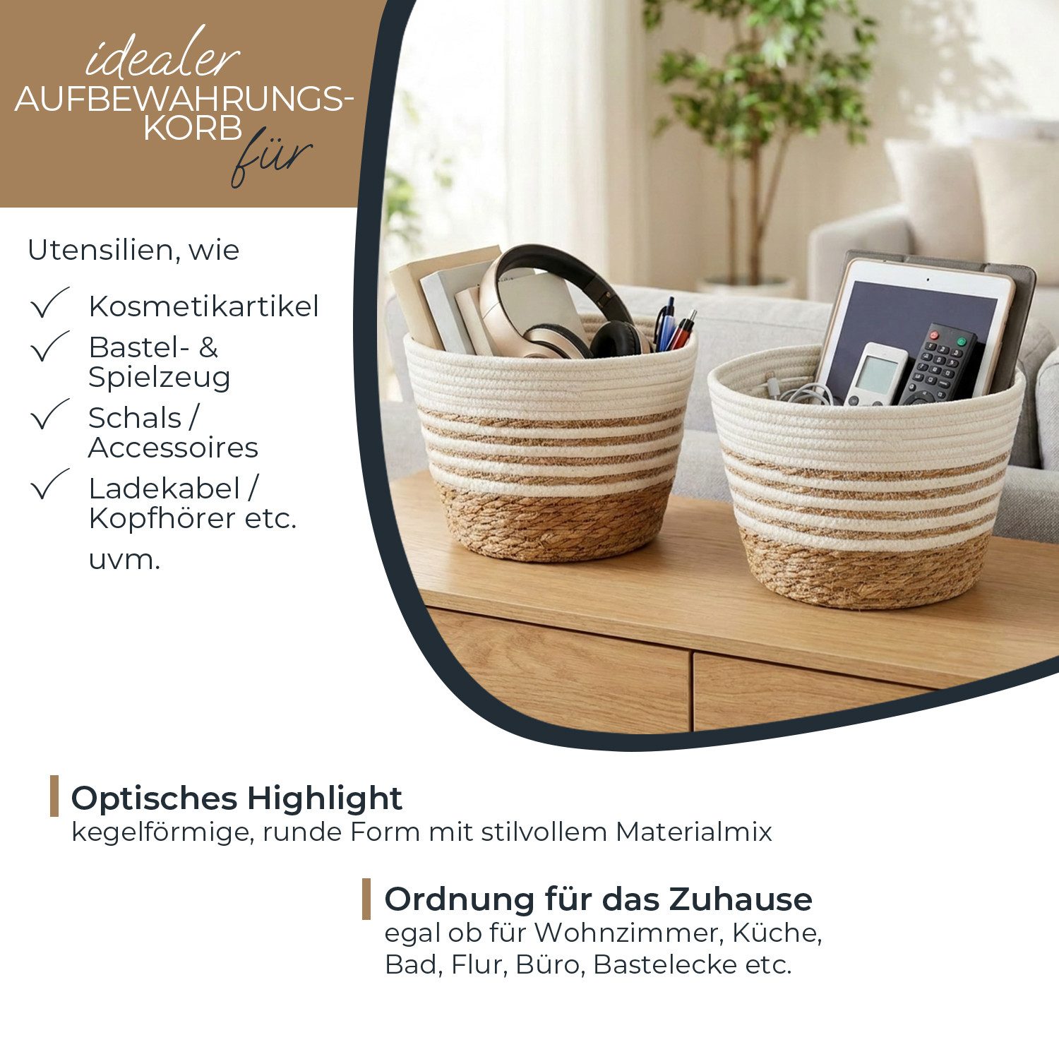 HMF Aufbewahrungskorb Materialmix aus 60 % Baumwolle, 40% Polyester, Seegras (2er-Set), und Seegras für Badezimmer, Küche und Wohnbereich, 27 x 19 cm, Weiß