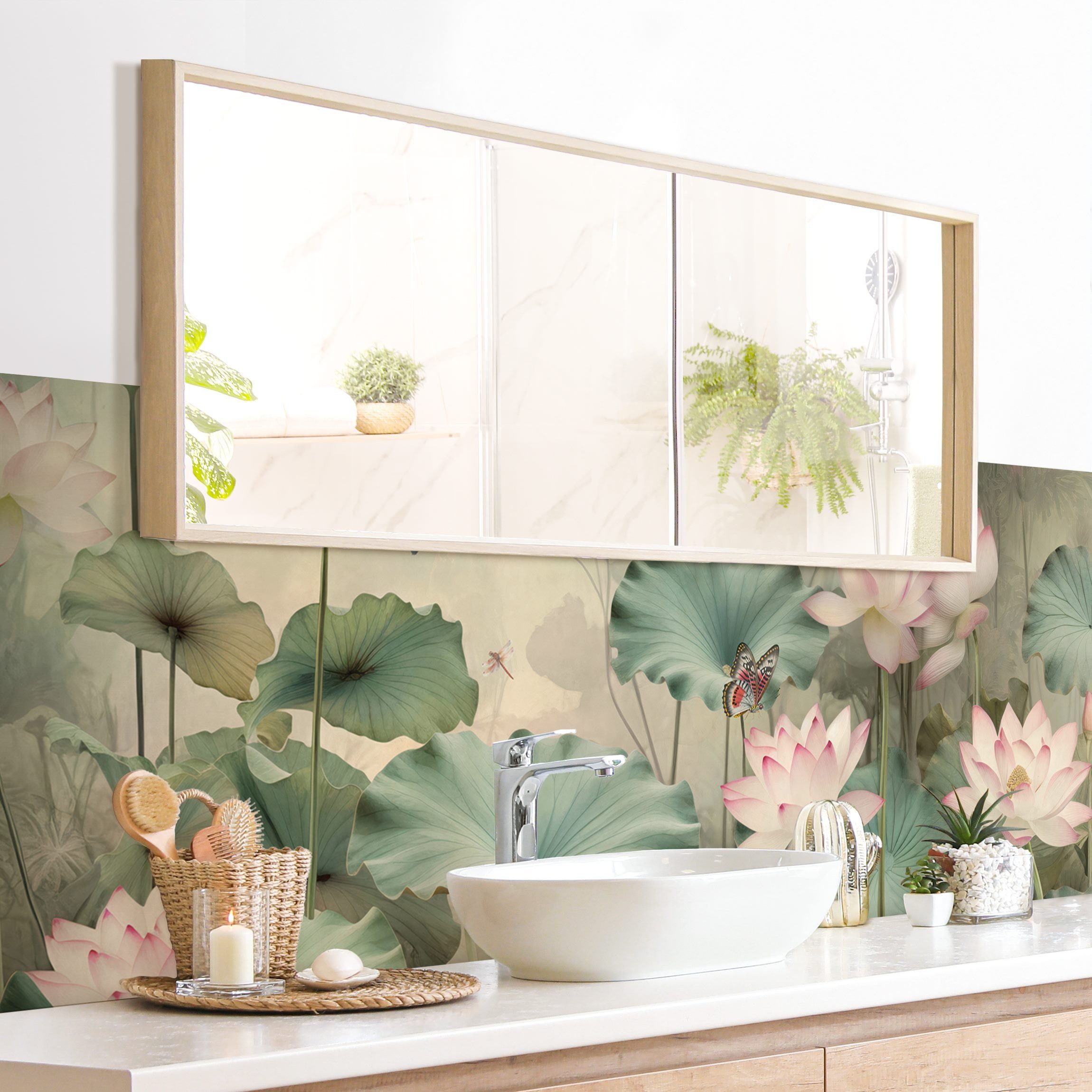 Bilderdepot24 Badrückwand grün fugenlose Wandverkleidung Bad Tropisch, (Hartfolie matt » Selbstklebend SMART 0,35 mm), wasserfestes Wandpaneel Lotusblütenteich