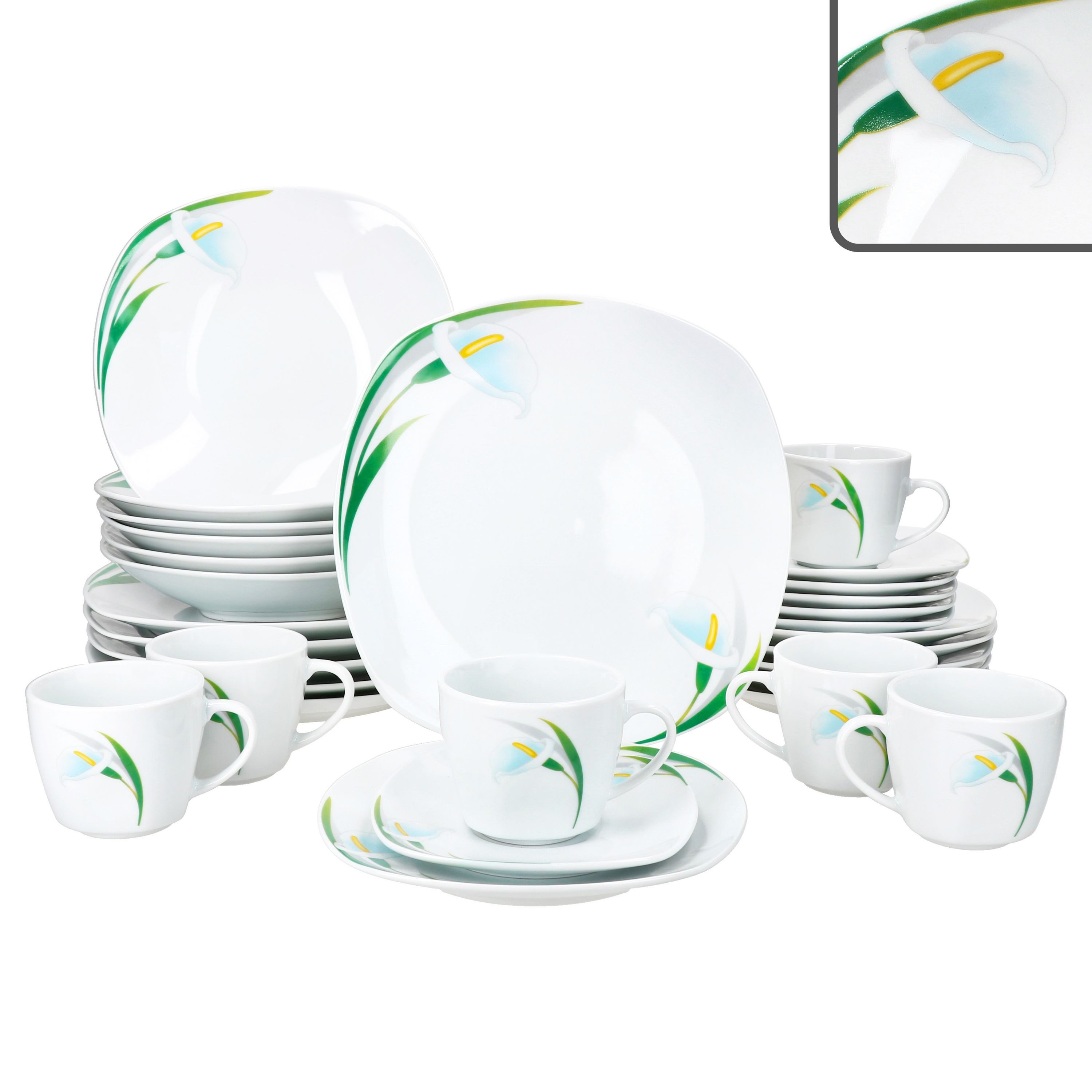 MamboCat Kombiservice 30tlg Kombiservice White Calla Porzellan 6 Pers Tassen Teller Blumen, Porzellan