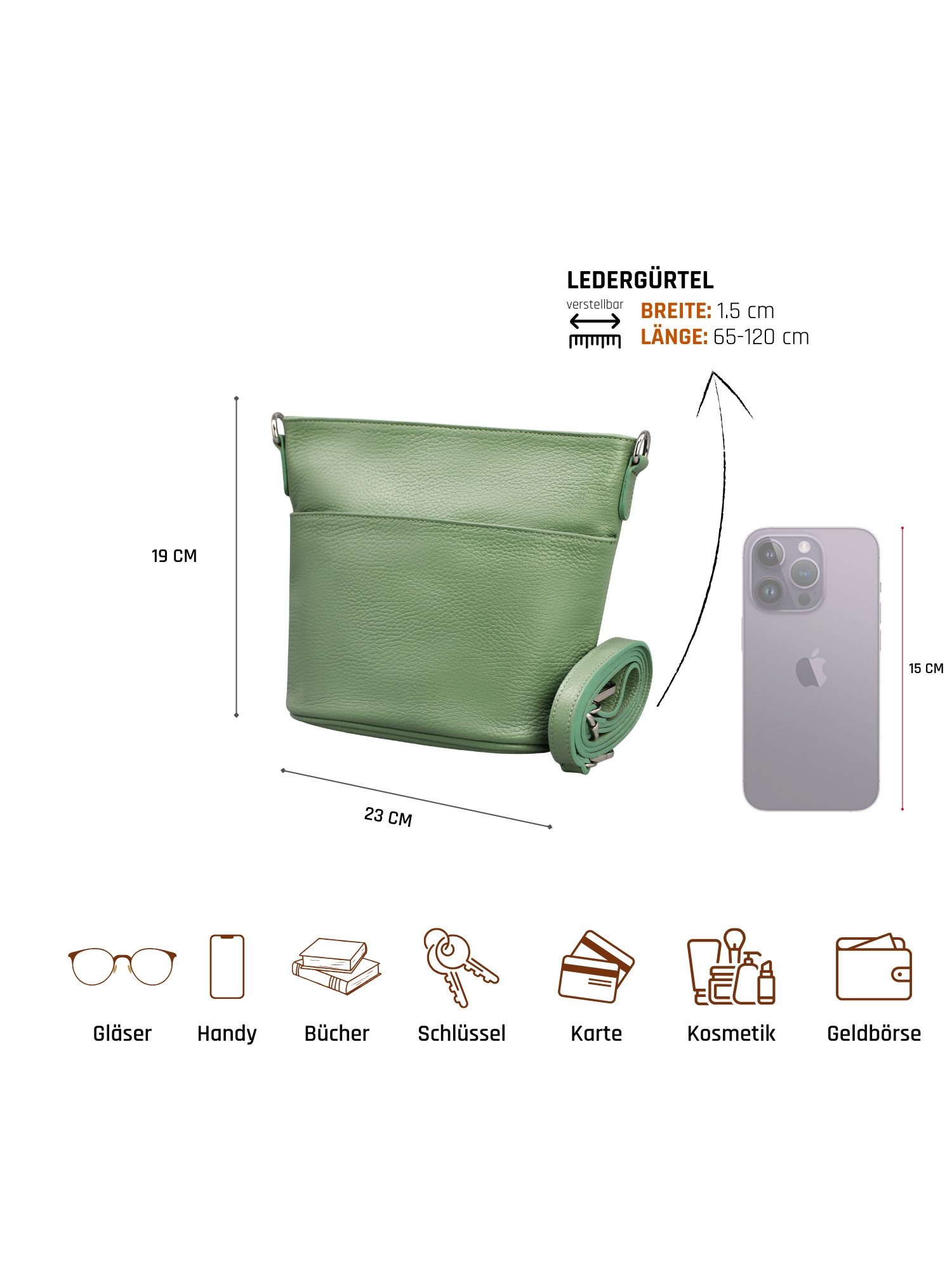 Adel Bags Schultertasche LINA Umhängetasche für Damen, Schultertasche Echtleder Gürteltasche