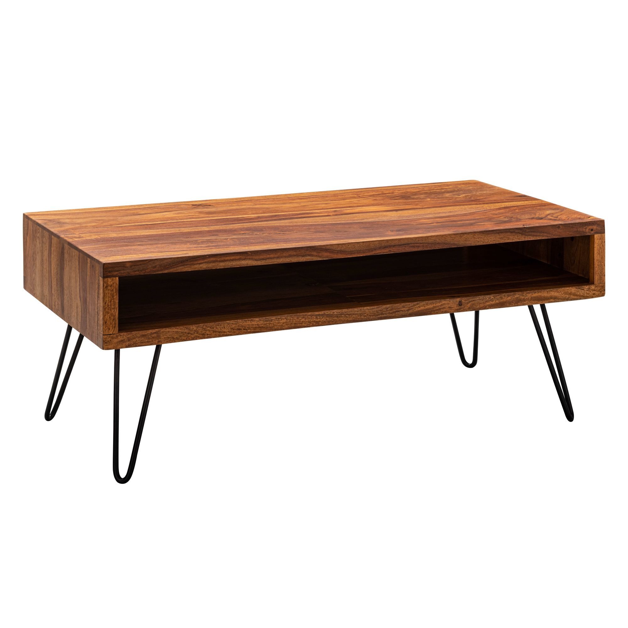furnicato Couchtisch Massivholz Walnuss Finish 100x40x50 cm Braun (1-St), Stabiler Wohnzimmertisch mit Ablagefach und Haarnadelbeinen