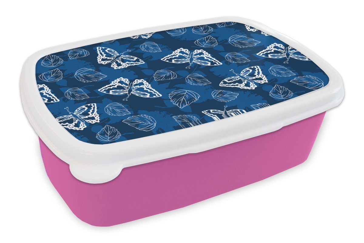 MuchoWow Lunchbox Schmetterling - Insekten - Blau - Weiß - Design, Kunststoff, (2-tlg), Brotbox für Erwachsene, Brotdose Kinder, Snackbox, Mädchen, Kunststoff rosa