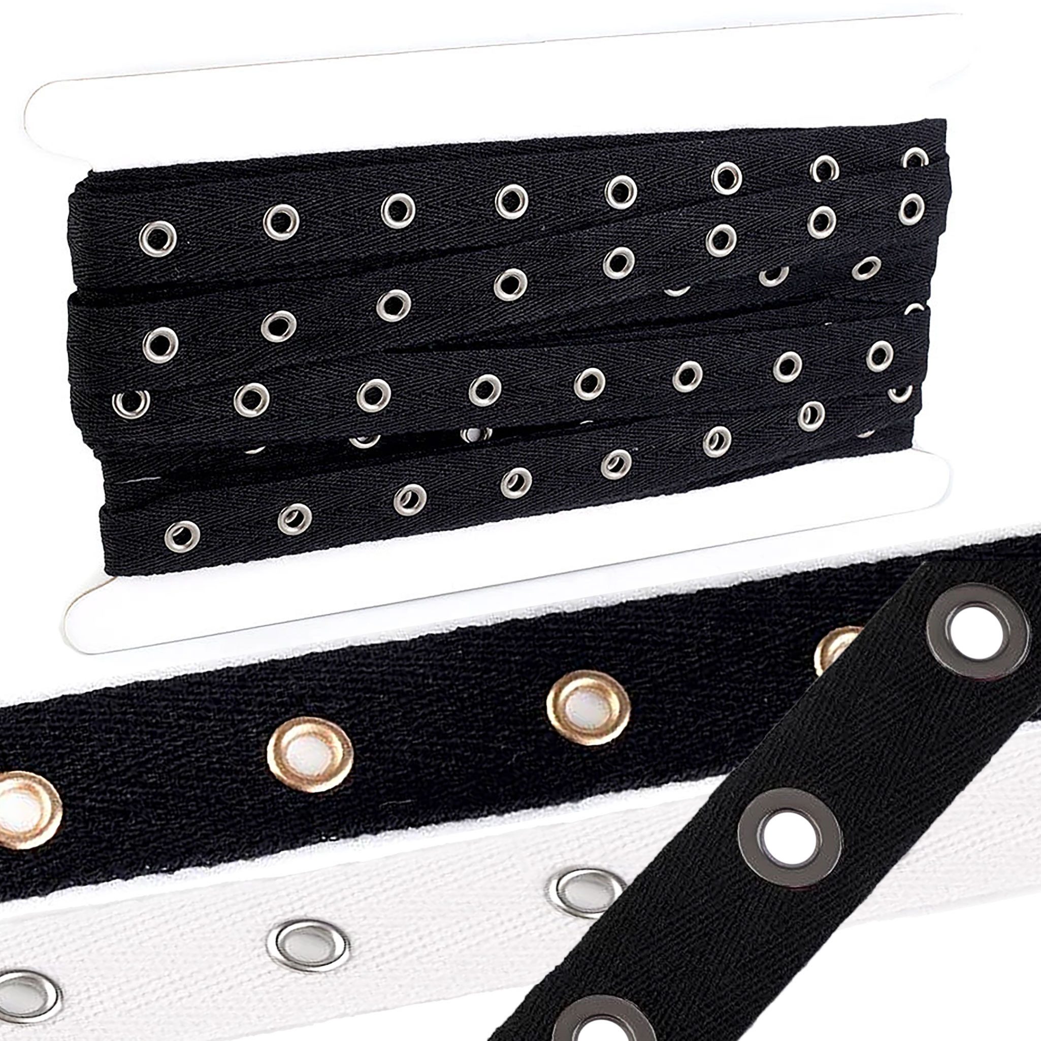 maDDma Webband 1m Ösenband gewebt mit eingestanzten Ösen Größenwahl Meterware, schwarz Öse silbern