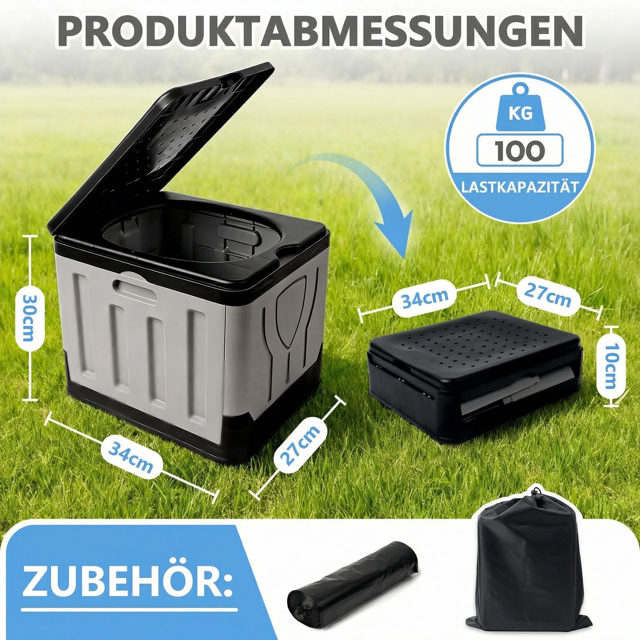 Huracan Campingtoilette Faltbare, Tragbare Mobile Toilette bis 100 kg Belastbarkeit, (Kompakte Reise-WC mit Aufbewahrungstasche, und Müllbeuteln), geeignet für Camping, Outdoor, Angeln, Strand, Auto und Notfälle