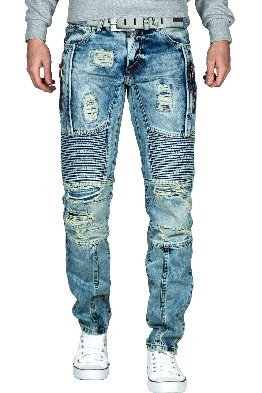 Cipo & Baxx Bikerjeans Herren Regular Fit Hose Stonewashed BA-CD464 Blue W30/L34 mit trendigen Ziernähten in Orange/Gelb