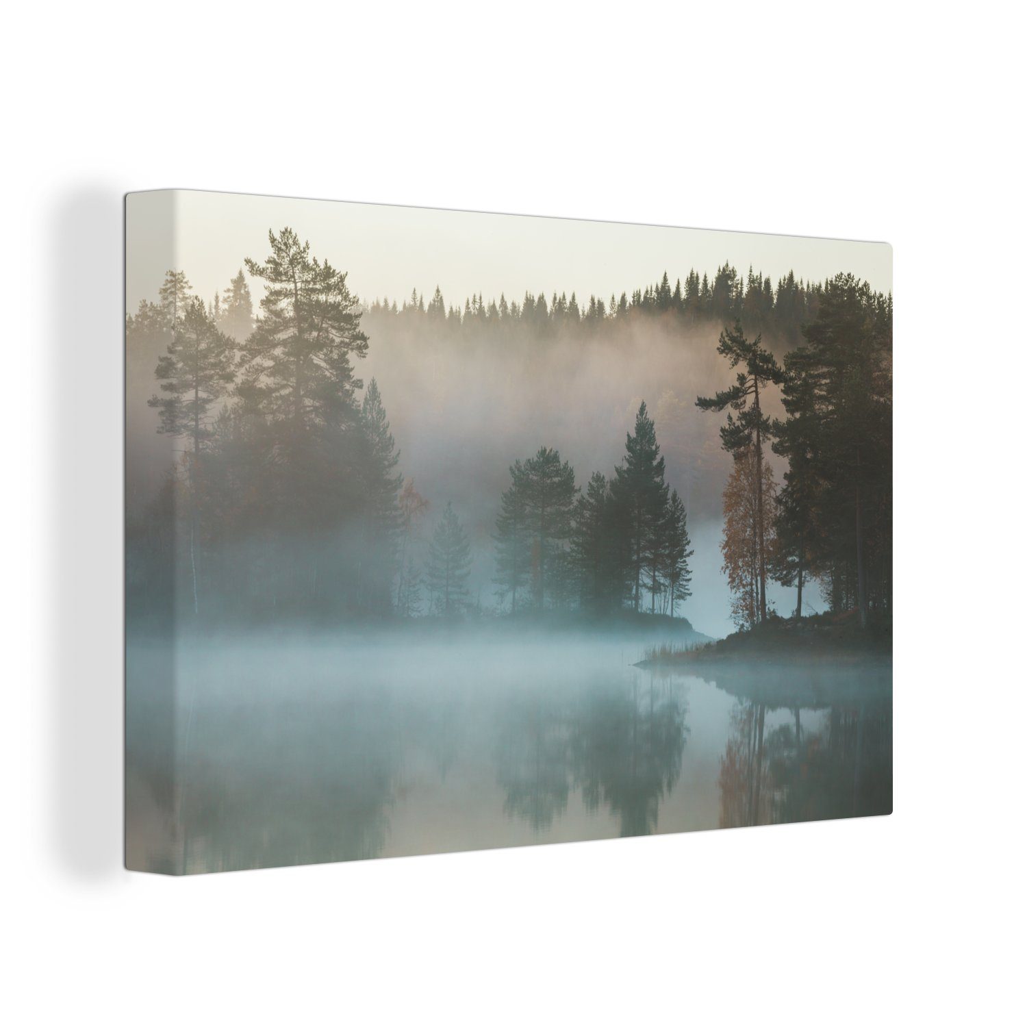 OneMillionCanvasses® Leinwandbild Nebel über den Gewässern von Norwegen in Skandinavien, (1 St), Wandbild Leinwandbilder, Aufhängefertig, Wanddeko, 30x20 cm