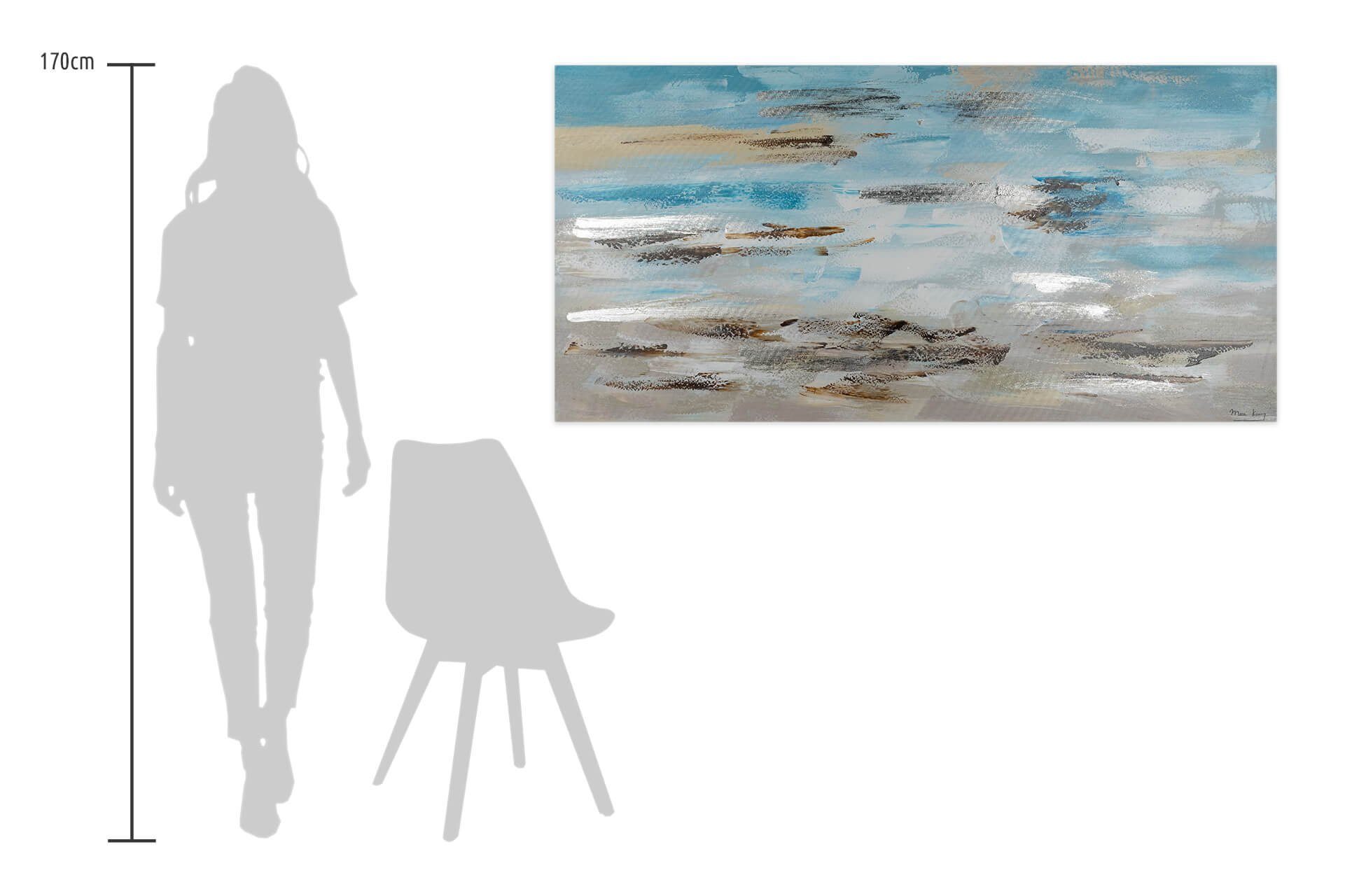 KUNSTLOFT Gemälde Meeresbrandung im Morgendunst HANDGEMALT 140x70 grau 100% blau, cm, Leinwandbild Wandbild Wohnzimmer