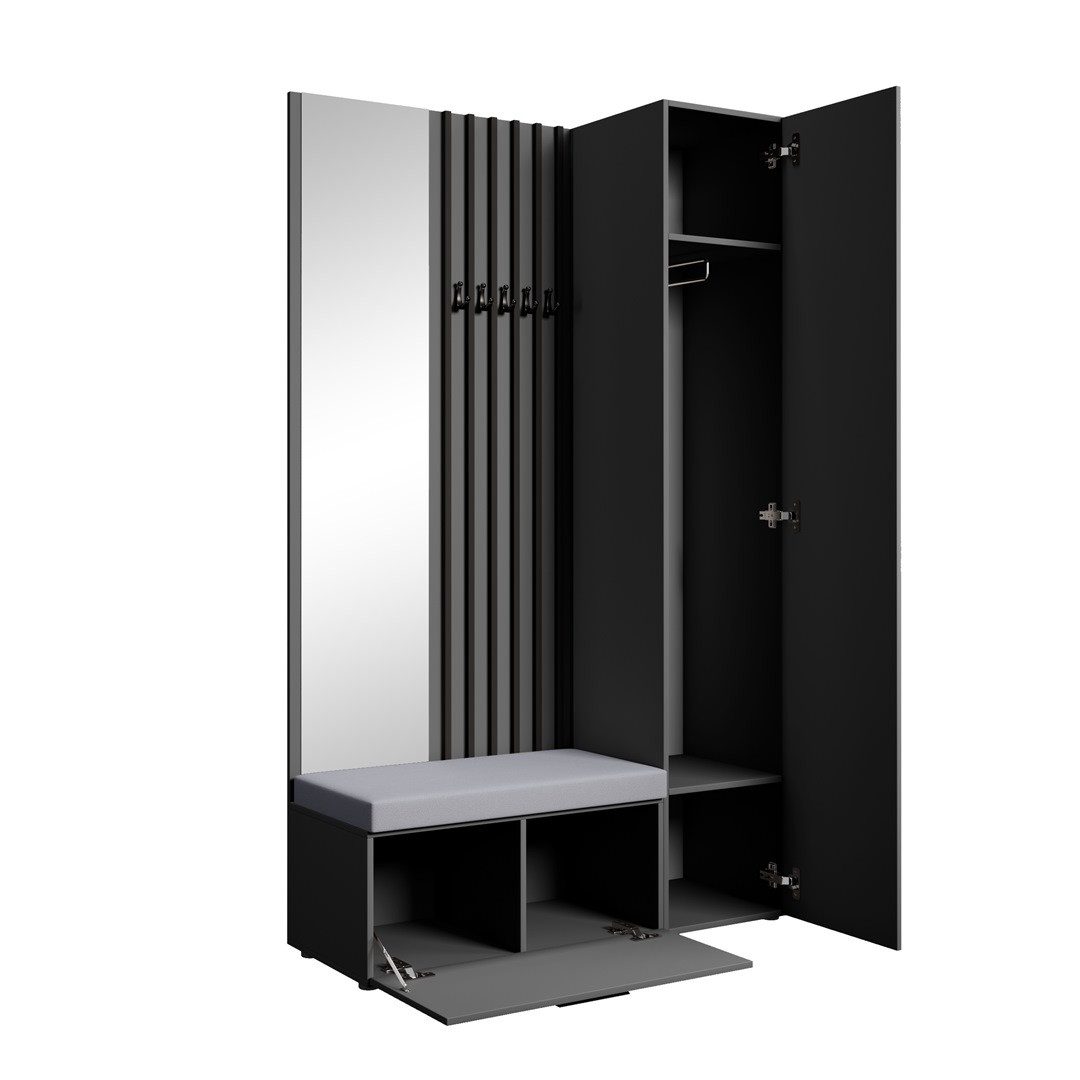 Beautysofa Garderoben-Set MARGARET Flurgarderobe mit Spiegel, (Kleiderschrank, Schuhschrank, Sitzbank, Kleiderstange, Flurmöbel-Set mit Lamellen), verschiedene Farben und Breiten