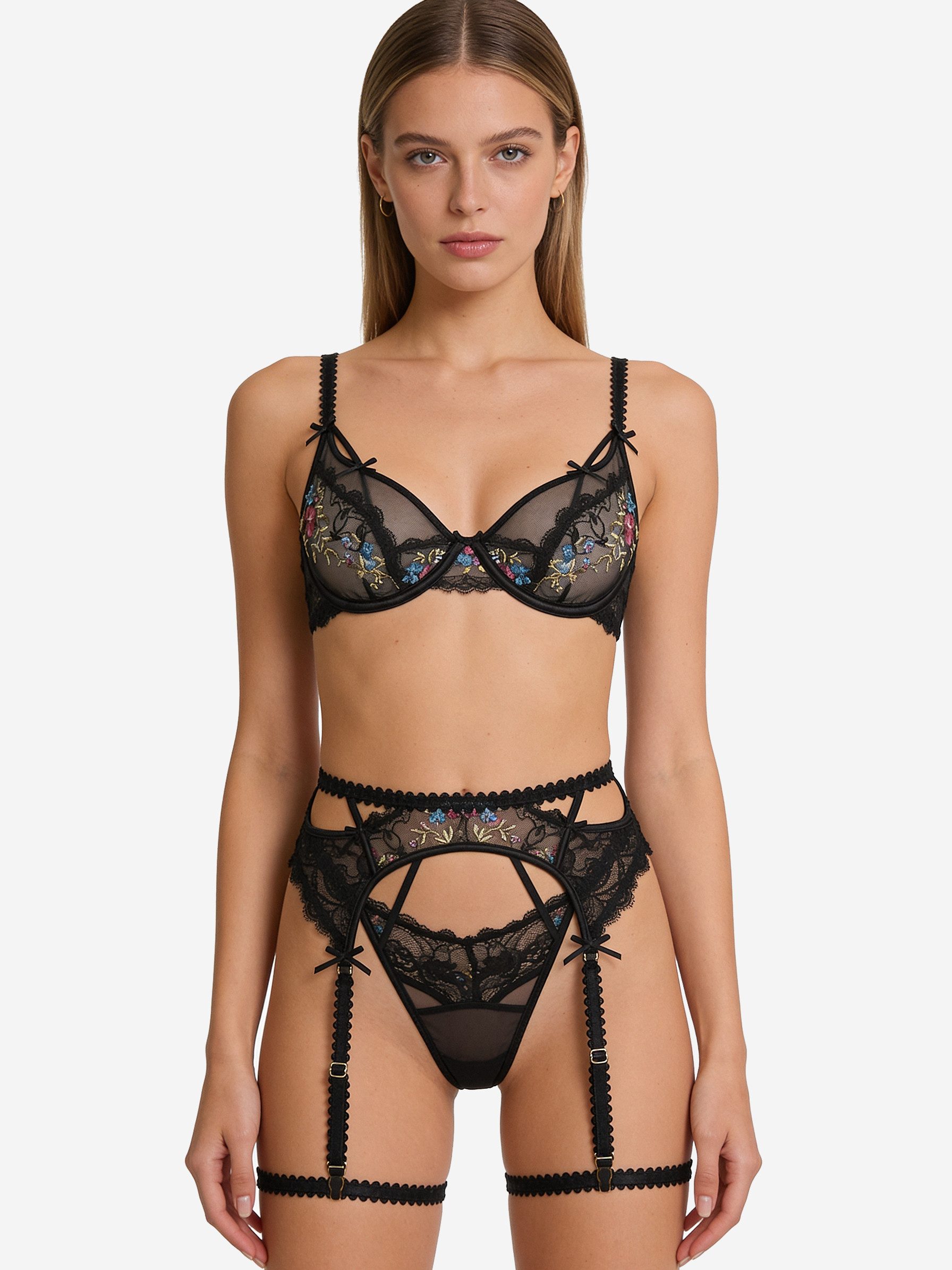 L.BEV Set: Bügel-BH Dessous-Set in Schwarz mit Spitze - Unterwäsche Set mit Spitze (Set, 3-tlg., BH + Strumpfhalter + Tanga) Sexy Dessous mit Spitze - Unterwäsche Set für Frauen mit Stil