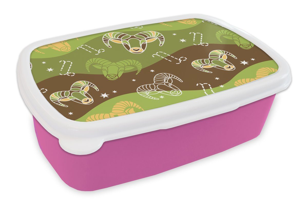 MuchoWow Lunchbox Steinbock rosa Kinder, Mädchen, (2-tlg), Kunststoff Erwachsene, Snackbox, - Gestaltung Kunststoff, Brotbox für Brotdose Astrologie, 