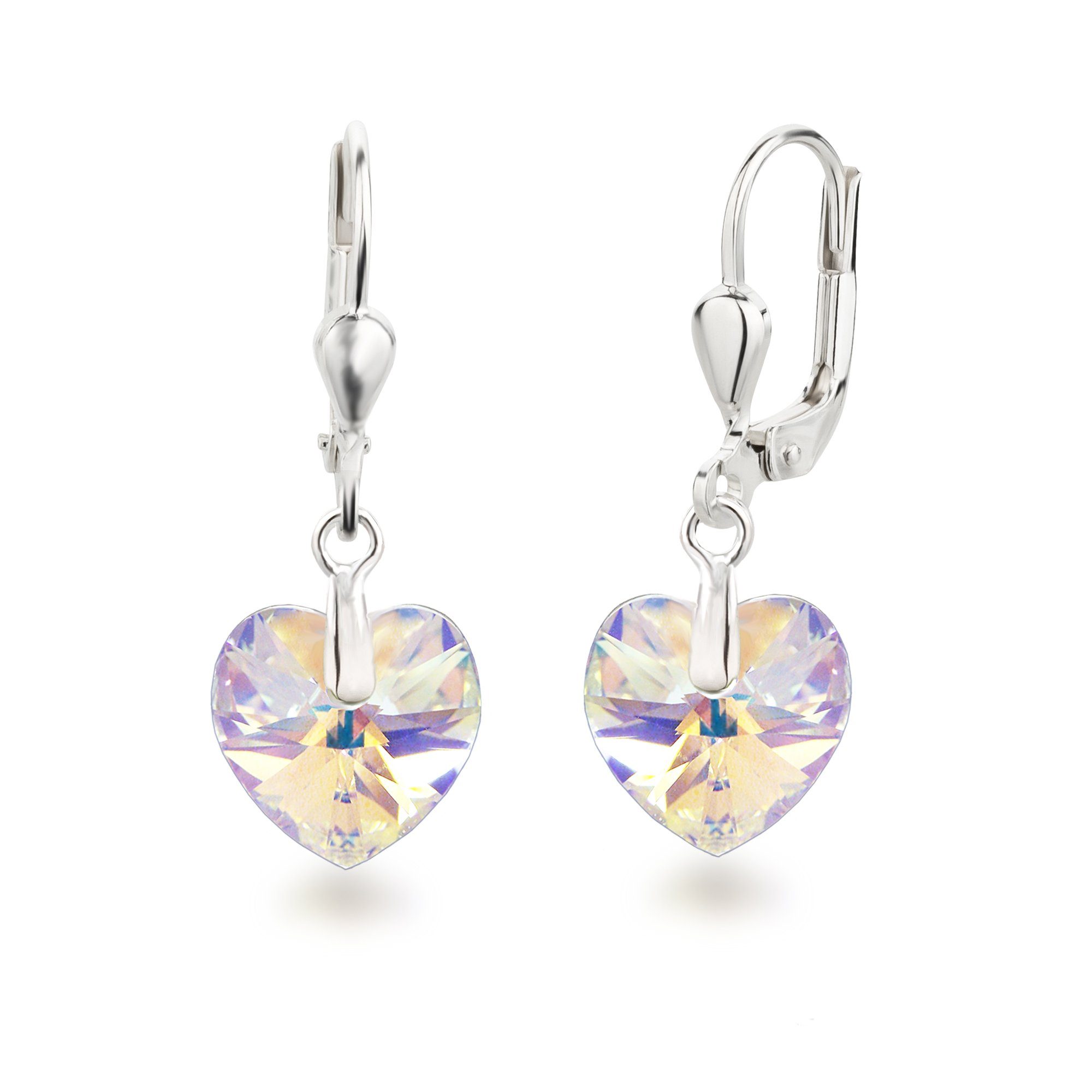 Schöner-SD Paar Ohrhänger Ohrringe hängend mit Herz Kristall 10mm für Damen und Mädchen, 925 Silber Crystal Aurora Boreale