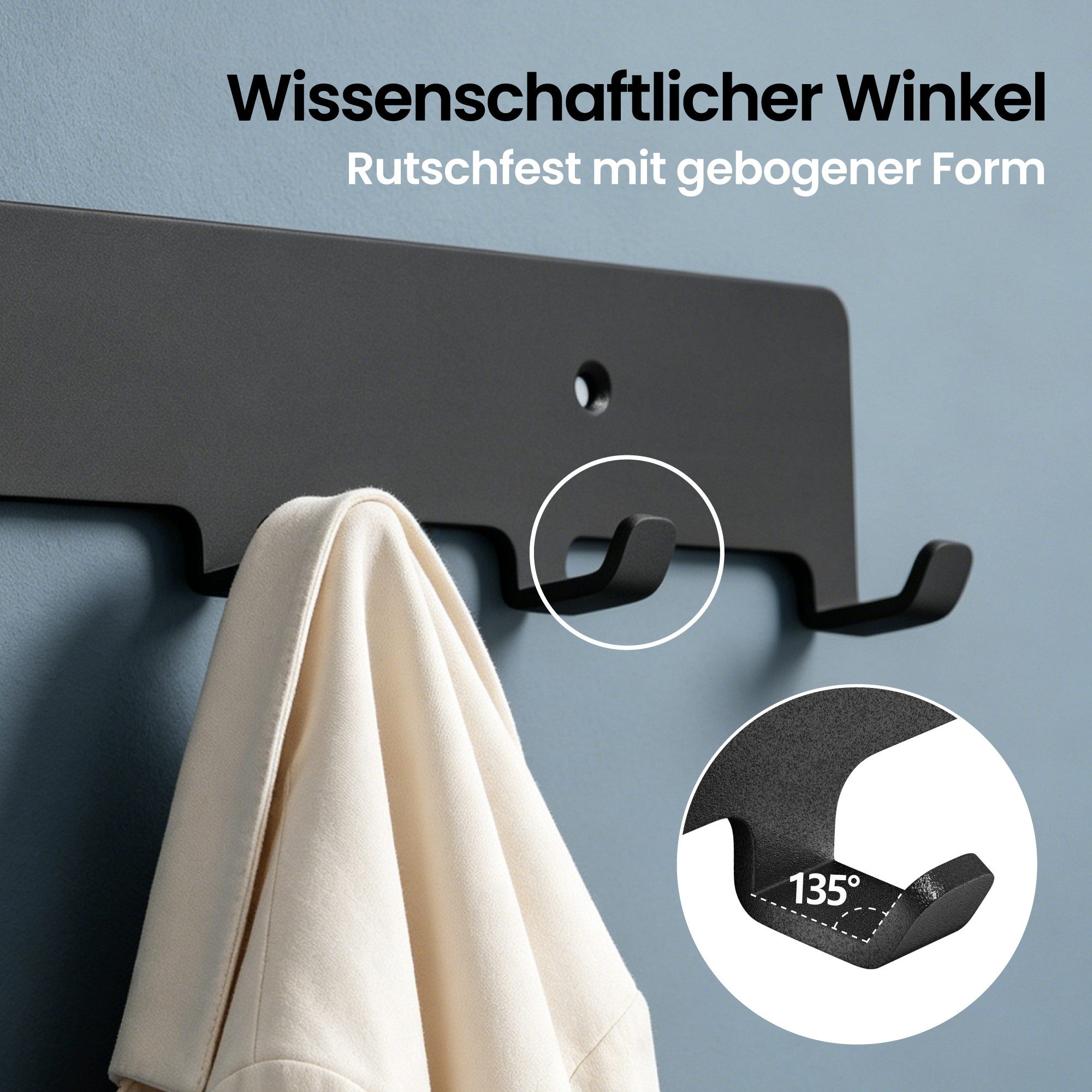 Mai & Mai Hakenleiste Wandhaken Garderobe 7 Haken Kleben Bohren Schwarz/Weiß 50cm Stalo-17, 135° Anti-Rutsch Haken,Kohlenstoffstahl,7 stabile Haken