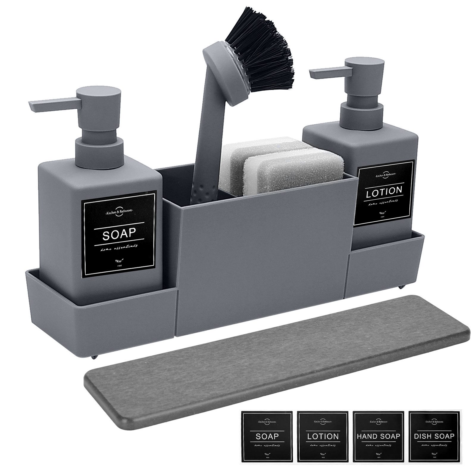 Lumkudos Küchenorganizer-Set 350ML Spülbecken Organizer mit Bürste, Seifenspender Spülschwamm, (4-tlg., Flaschen*2, Schwämme*2, Tablett*1, Pinsel*1, Aufkleber, Matte*1), Spülorganizer mit Zwei Seifenspender, Küchengadget Organizer