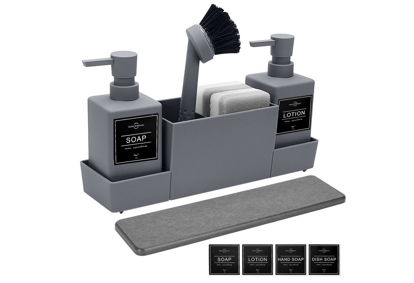 Lumkudos Küchenorganizer-Set 350ML Spülbecken Organizer mit Bürste, Seifenspender Spülschwamm, (4-tlg., Flaschen*2, Schwämme*2, Tablett*1, Pinsel*1, Aufkleber, Matte*1), Spülorganizer mit Zwei Seifenspender, Küchengadget Organizer