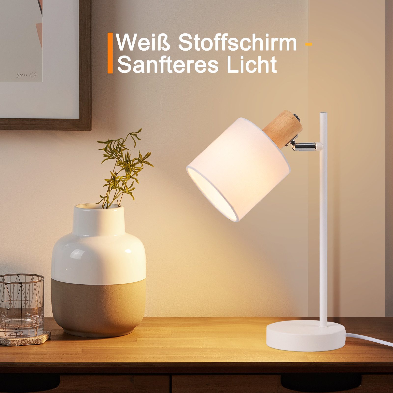 Nettlife Tischleuchte Holz Vintage Weiß Stoffschirm 35.5cm E14 mit Schalter günstig online kaufen