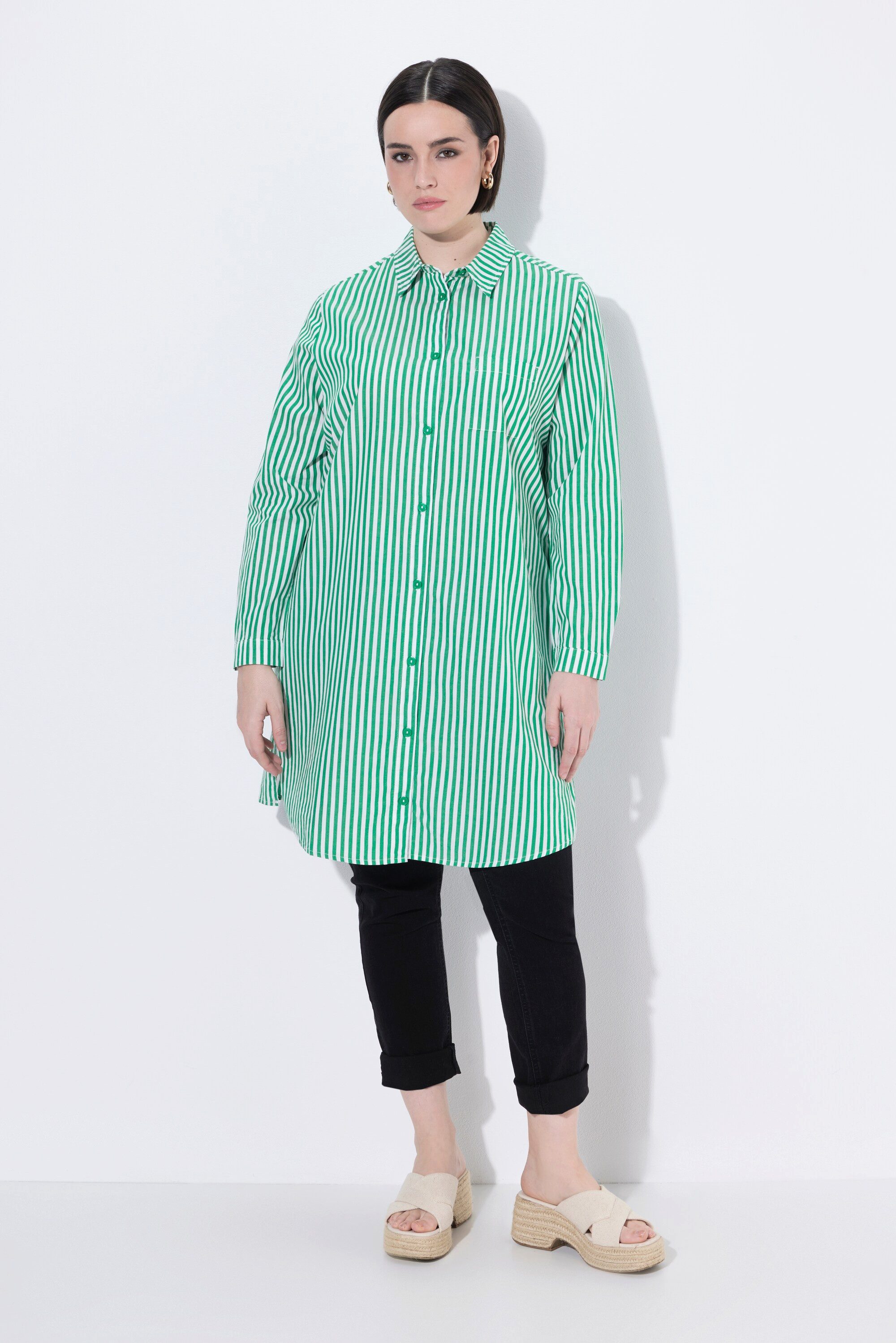 Ulla Popken Hemdbluse Hemdbluse Streifen Hemdkragen A-Linie Langarm