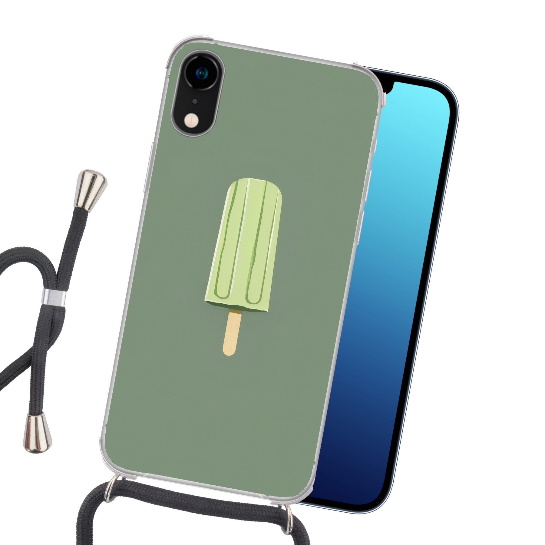 MuchoWow Handyhülle für Apple iPhone XR Grün - Wassereis - Stock - Illustration, Tragbare Handyhüllen mit Kette zum umhängen, Handykette Handyband