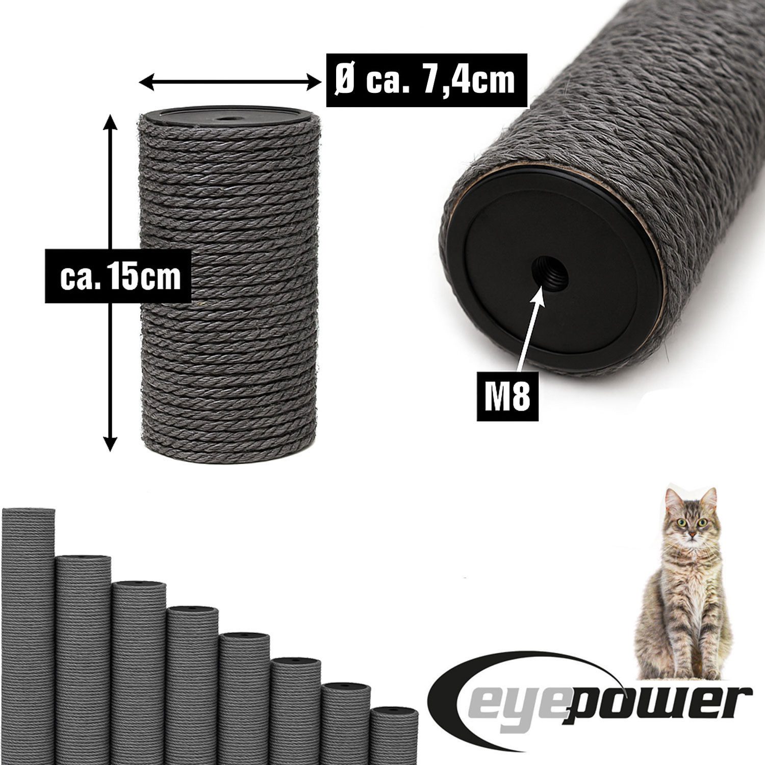 eyepower Ersatz-Kratzbaumstamm Ersatzsäule - 15 cm Sisalstamm für Katzenkratzbaum - Ersatzstamm M8, Ø 7,4 cm dicke Sisalsäule - Katzenbaum Ersatzteil - Sisal Kratzstamm
