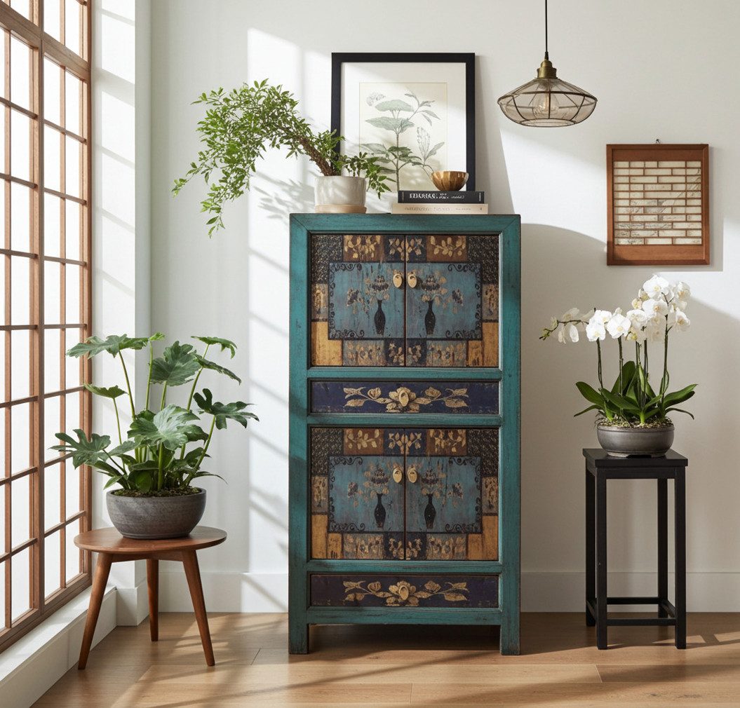 OPIUM OUTLET Kleiderschrank Chinesischer Hochzeitsschrank orientalischer Schrank Vintage Möbel (komplett montiert, asia asiatisch chinesisch orientalisch) Breite 80 cm; Höhe 154 cm; Tiefe 42 cm