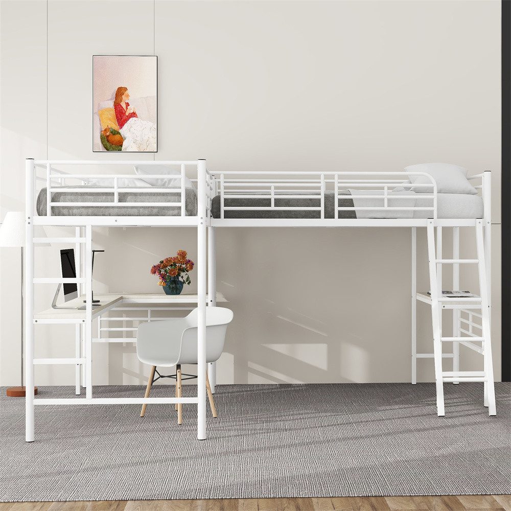 XDeer Hochbett 90*200cm Hochbett, zwei Etagenbetten, Tisch unter dem Bett, Doppeltreppe, hohes Geländer, Weiß