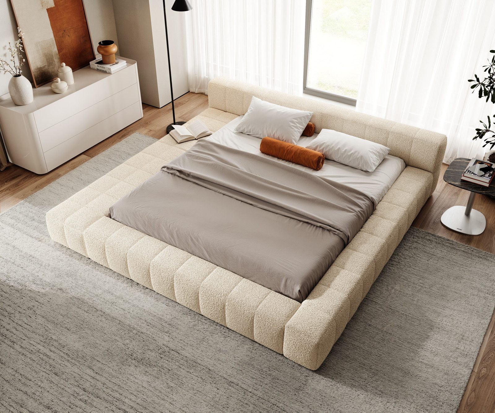 DELIFE Polsterbett Espazio, Teddystoff Beige 180x200 cm mit Stauraum