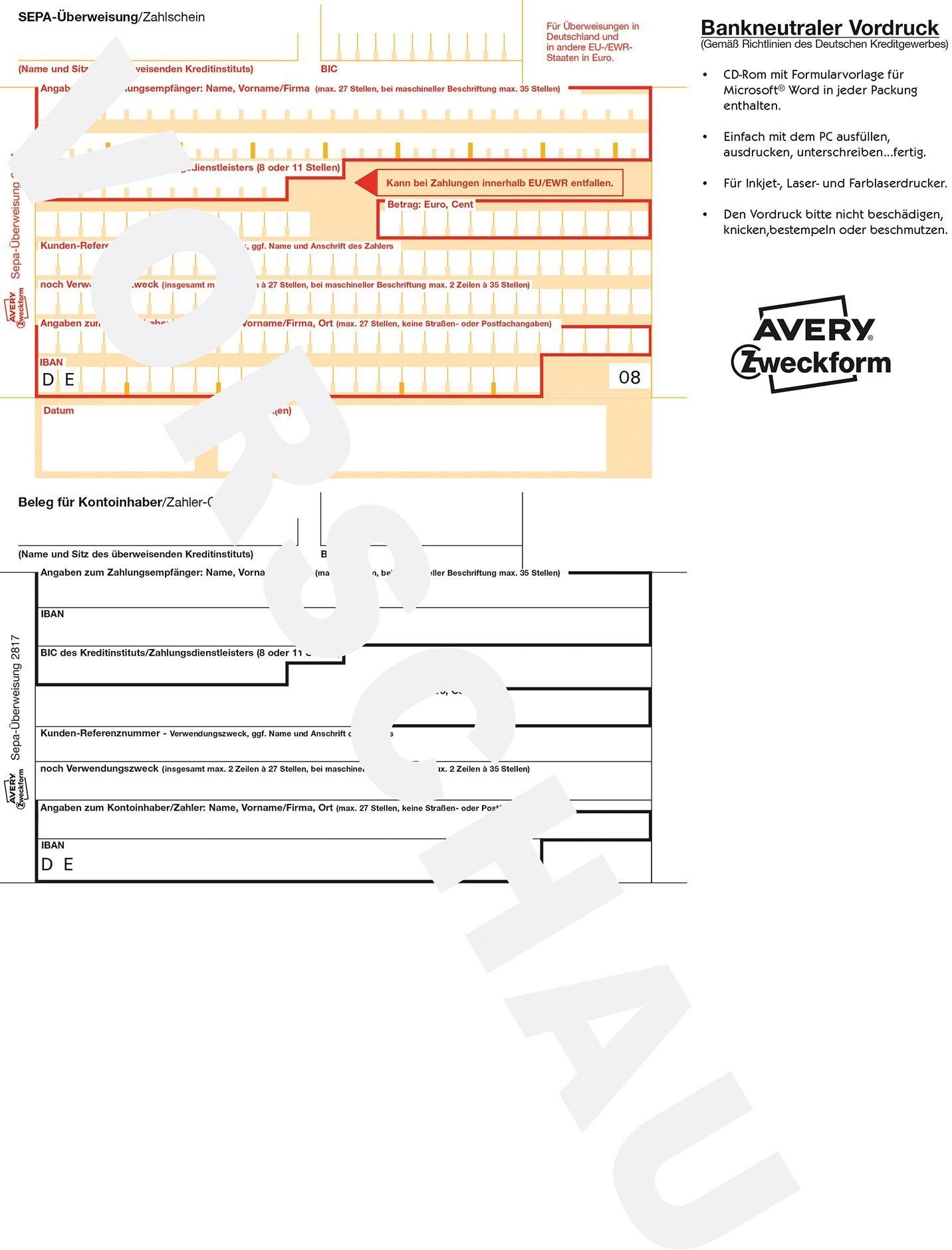 Avery Zweckform Formularblock Sepa-Überweisung A4 inkl. Software-CD 100 Blatt inkl. Software-CD