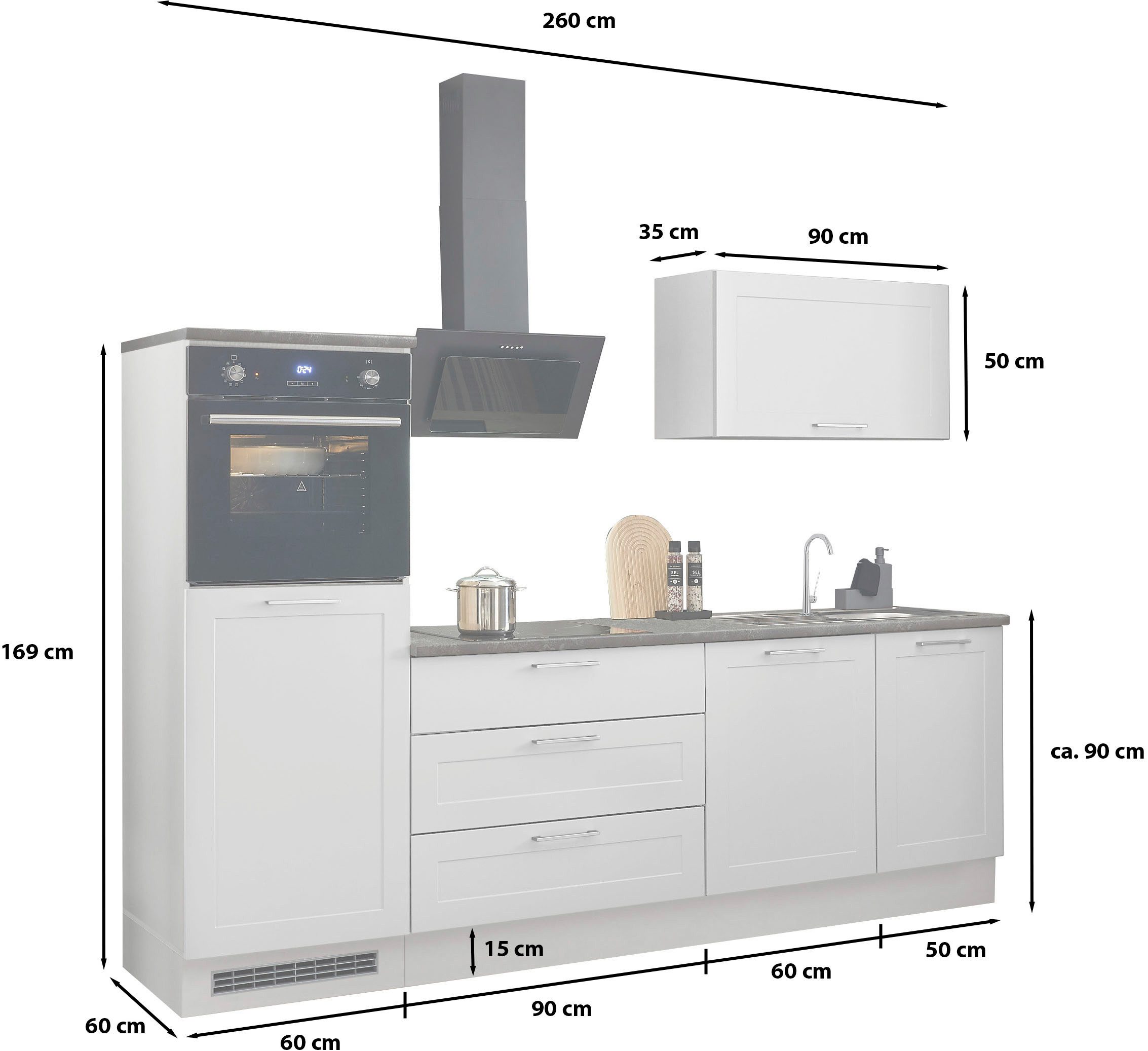BASIC by Balculina Küchenzeile Marsi, Breite 260 cm, wahlweise mit E-Geräten, mit Soft-Close-Funktion