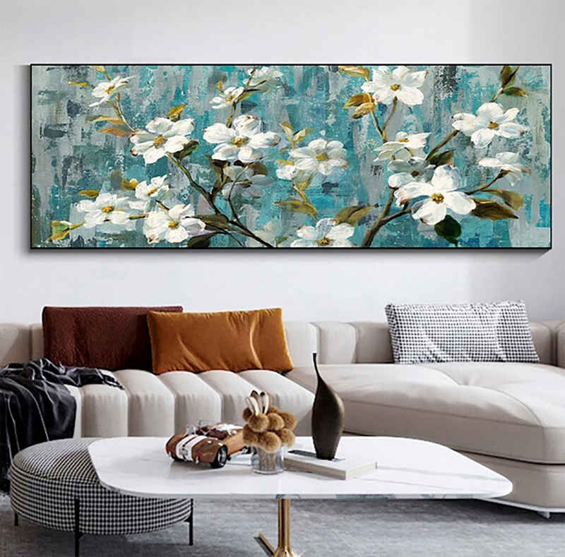 TPFLiving Kunstdruck (OHNE RAHMEN) Poster - Leinwand - Wandbild, Außergewöhnliche Blumenmotive in Breitbild-Format - (Leinwand Wohnzimmer, Leinwand Bilder, Kunstdruck), Farben: Gold, beige, rot, blau, weiß und rosa - Größe 20x60cm