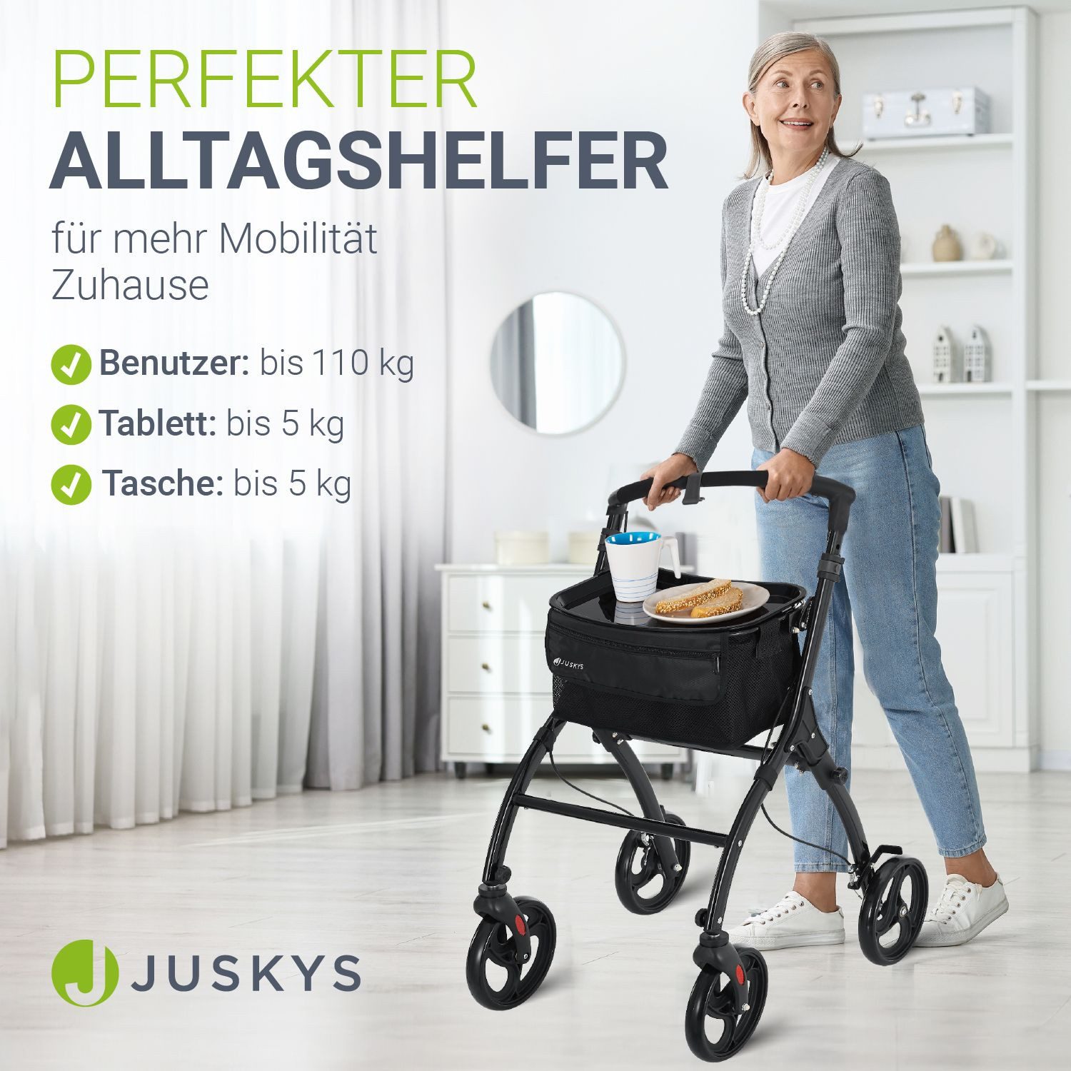 Juskys Indoor-Rollator Aktiv, für die Wohnung, mit Tasche & Tablett, schmal, verstellbar & faltbar